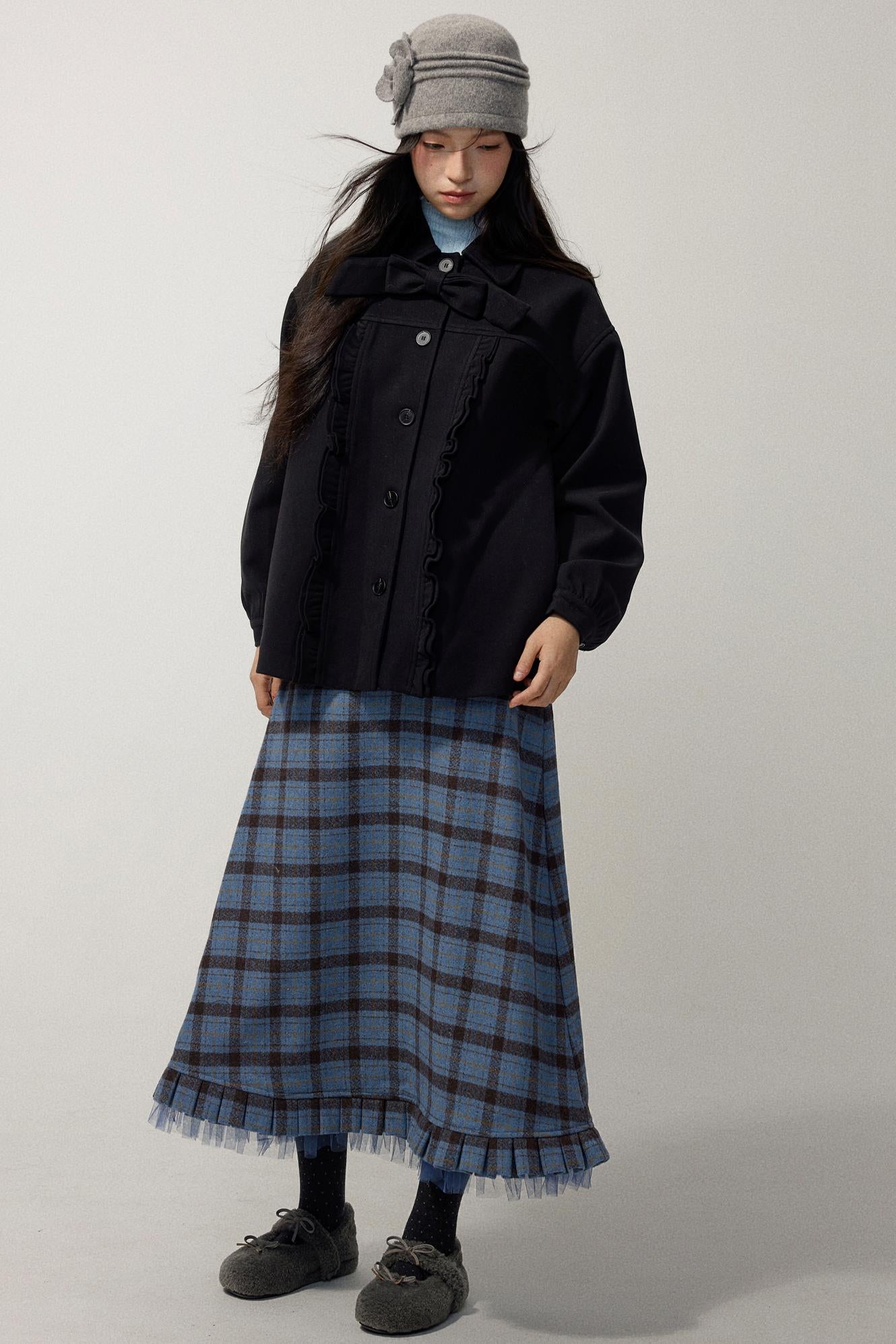 Black Wool Bow Midi Coat