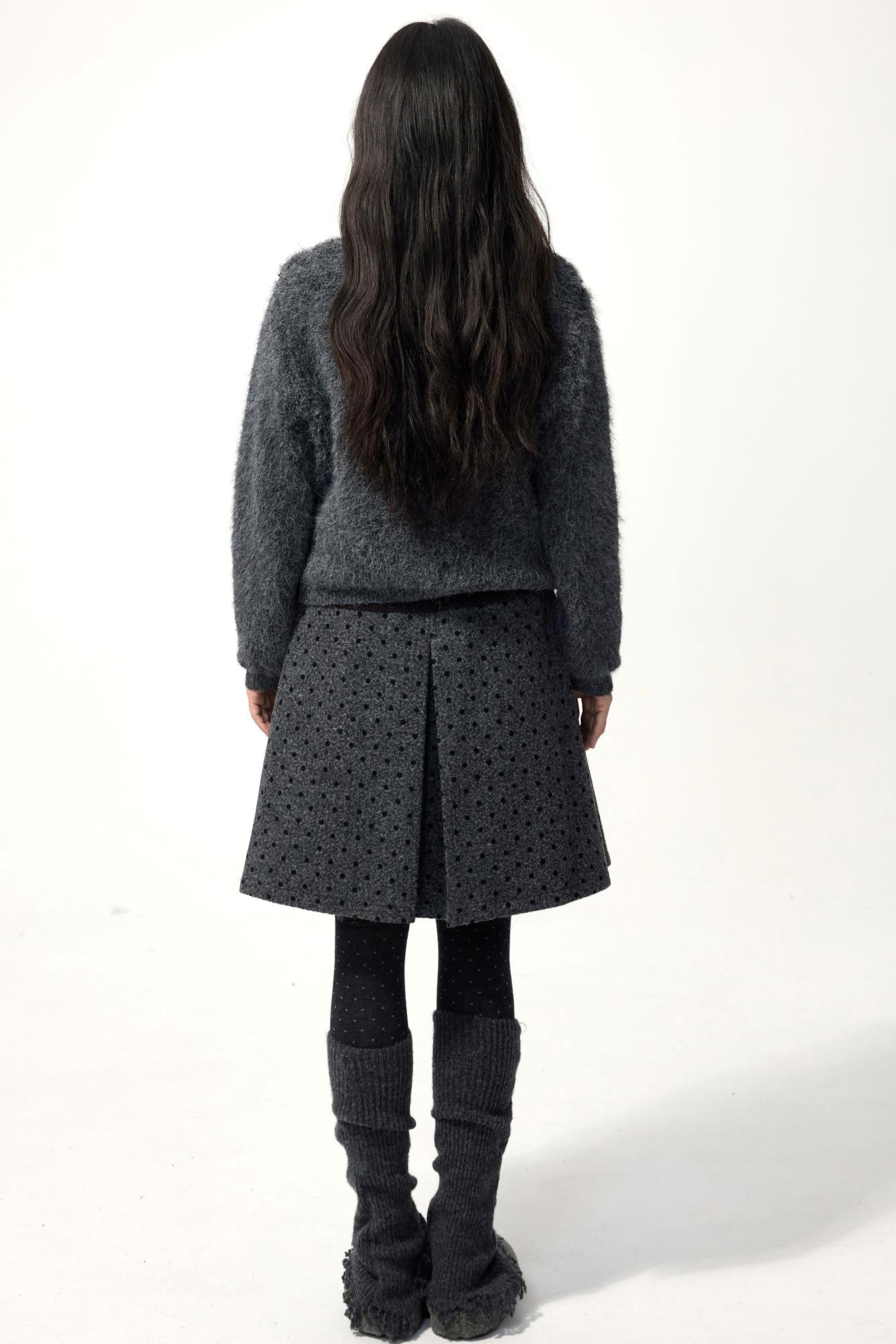 Gray Polka Dot Wool Pleated Skirt