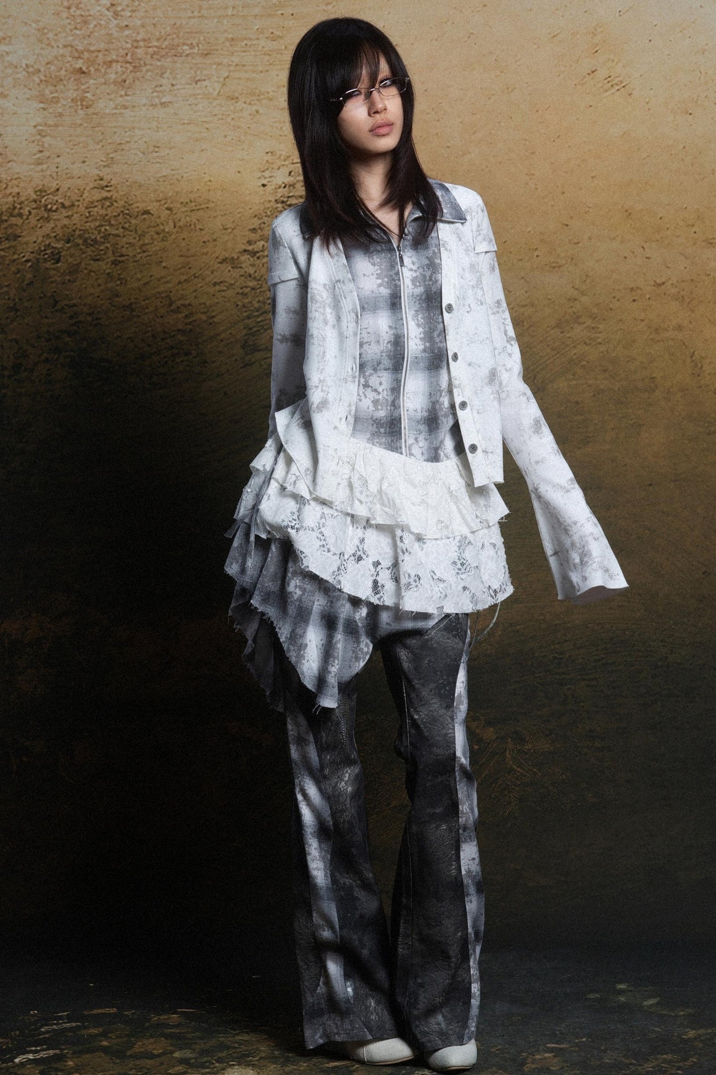 Patchwork Check Flare Pants