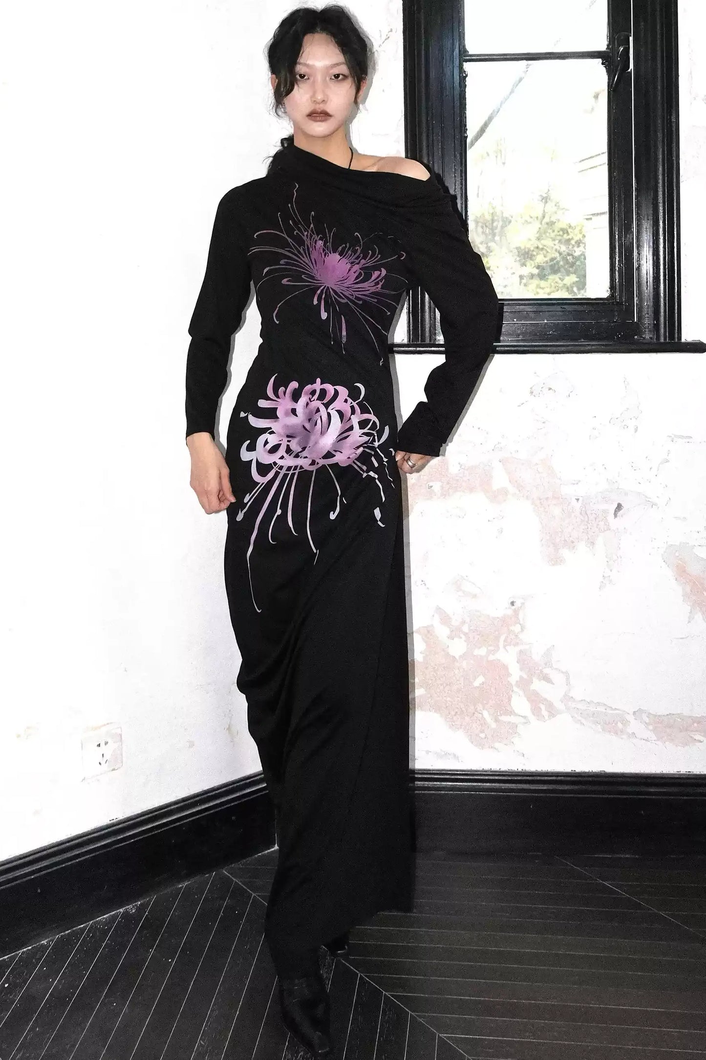 Asymmetric Silk Chrysanthemum Dress