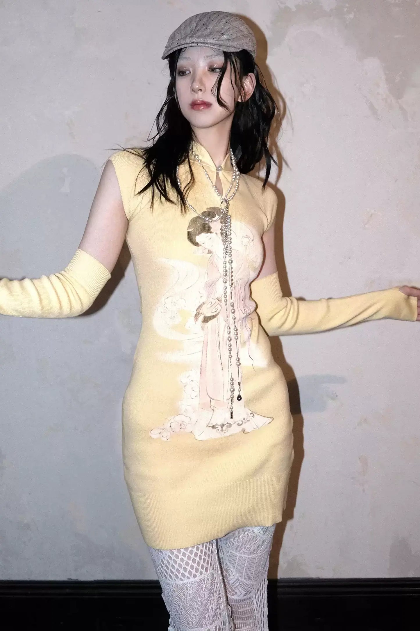 Knitted Sleeve Floral Qipao Dress