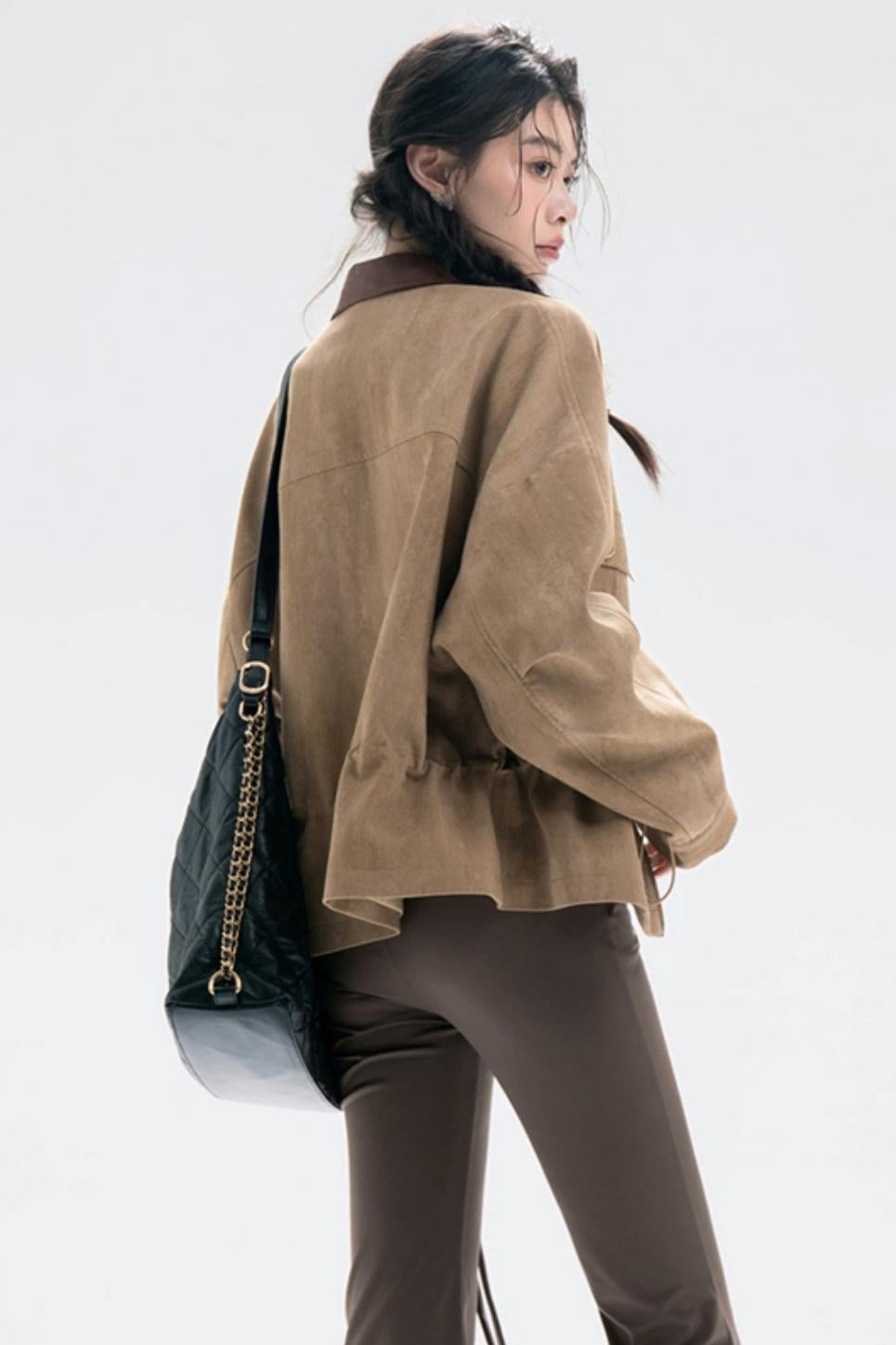 브라운 오크 허리 조임 재킷 세트업