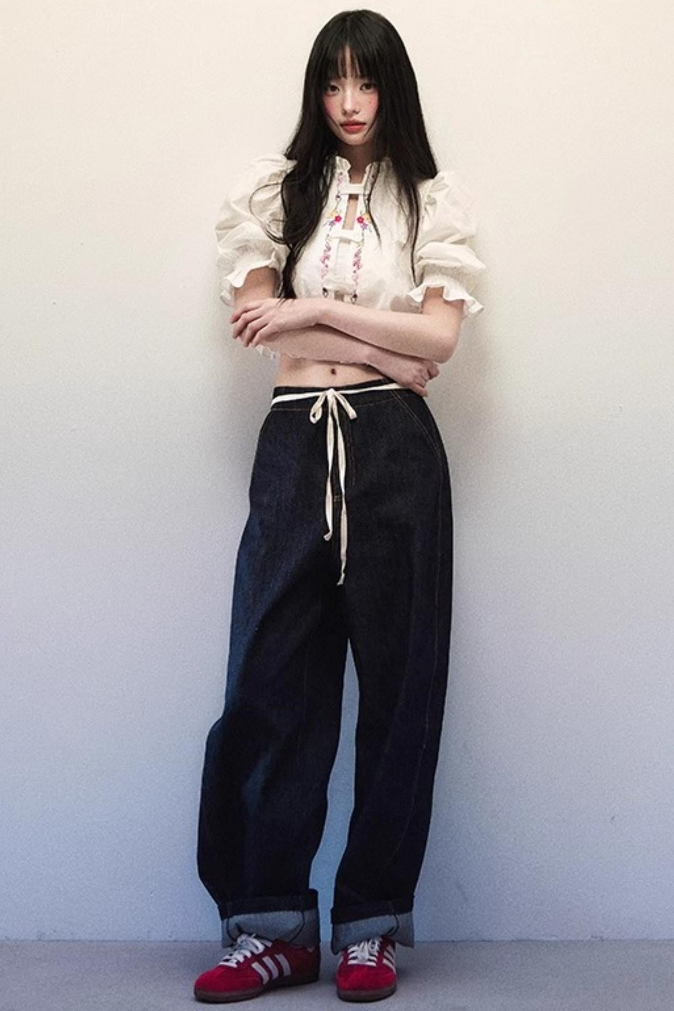 Embroidered Bubble Sleeve Blouse