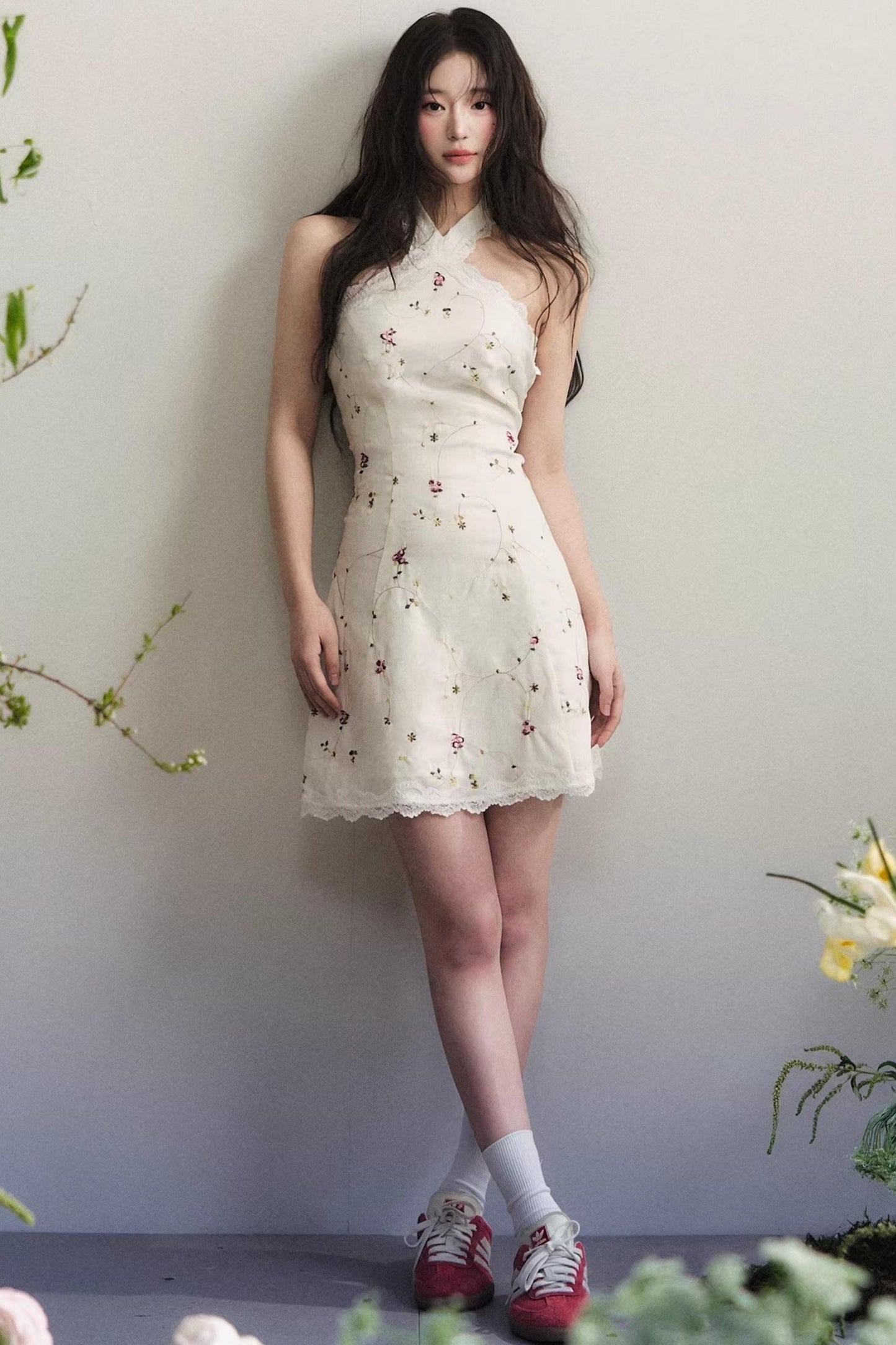 White Lace Halter Short Dress