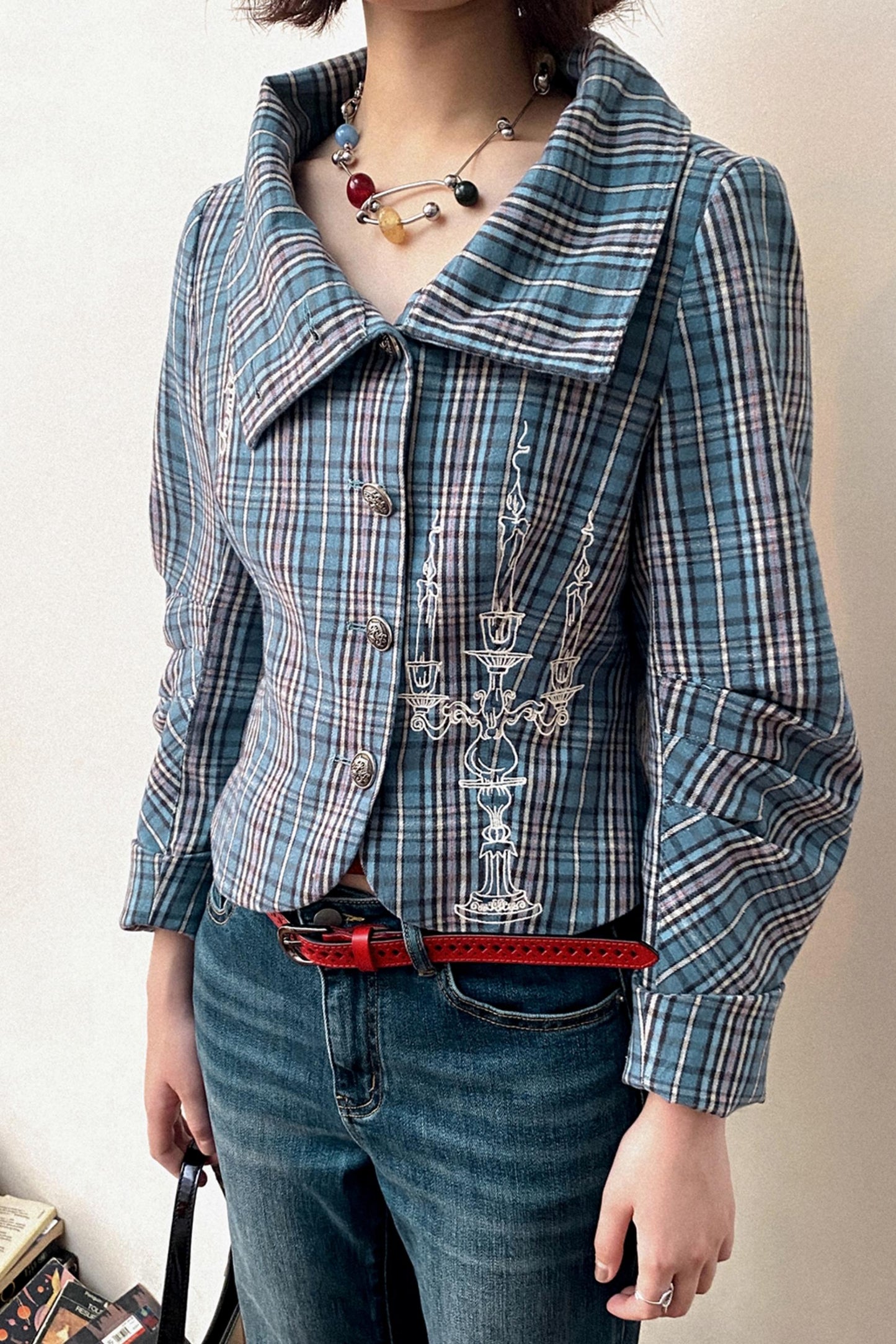 Plaid Embroidered Blazer Top