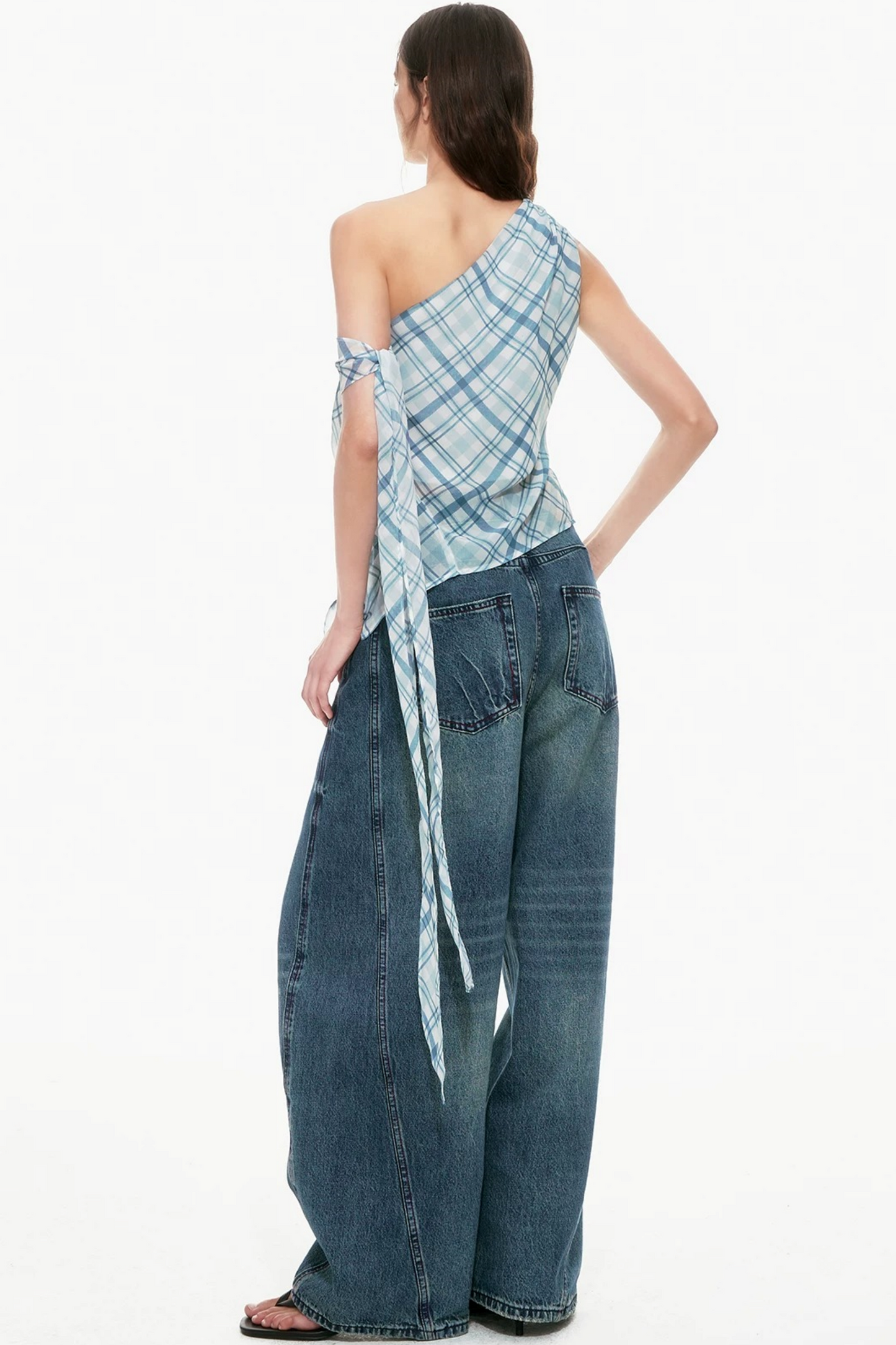 Blue Plaid One-Shoulder Vest