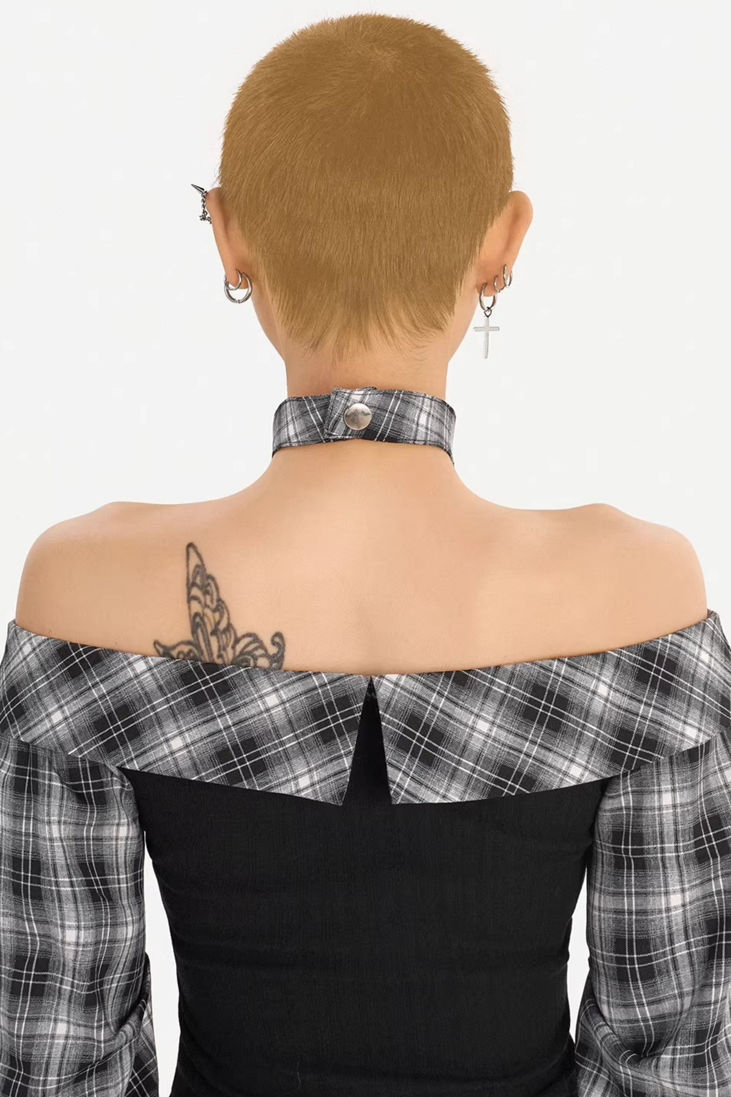 Retro Plaid Off-Shoulder Blouse