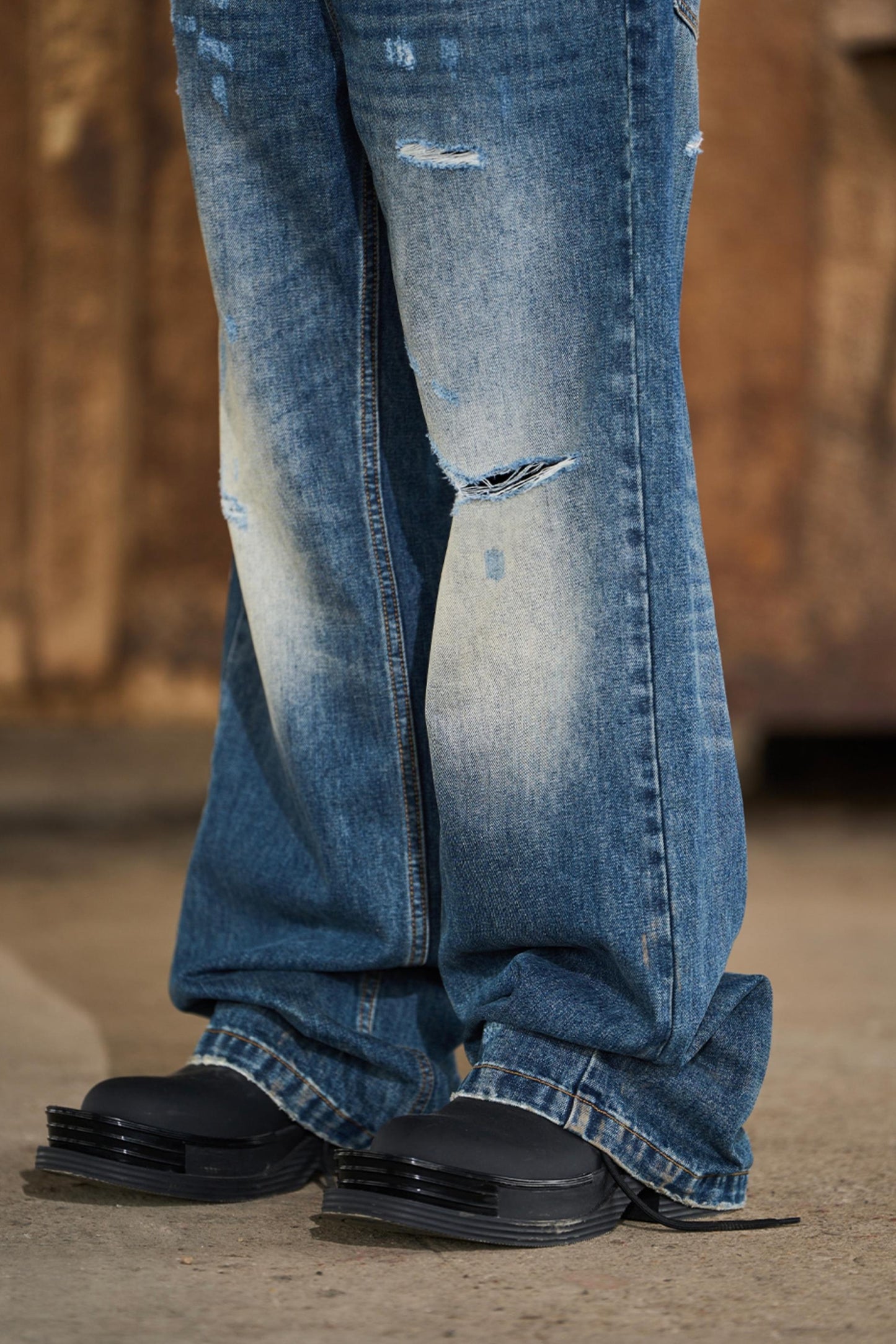 Ripped Straight-Leg Denim Pants