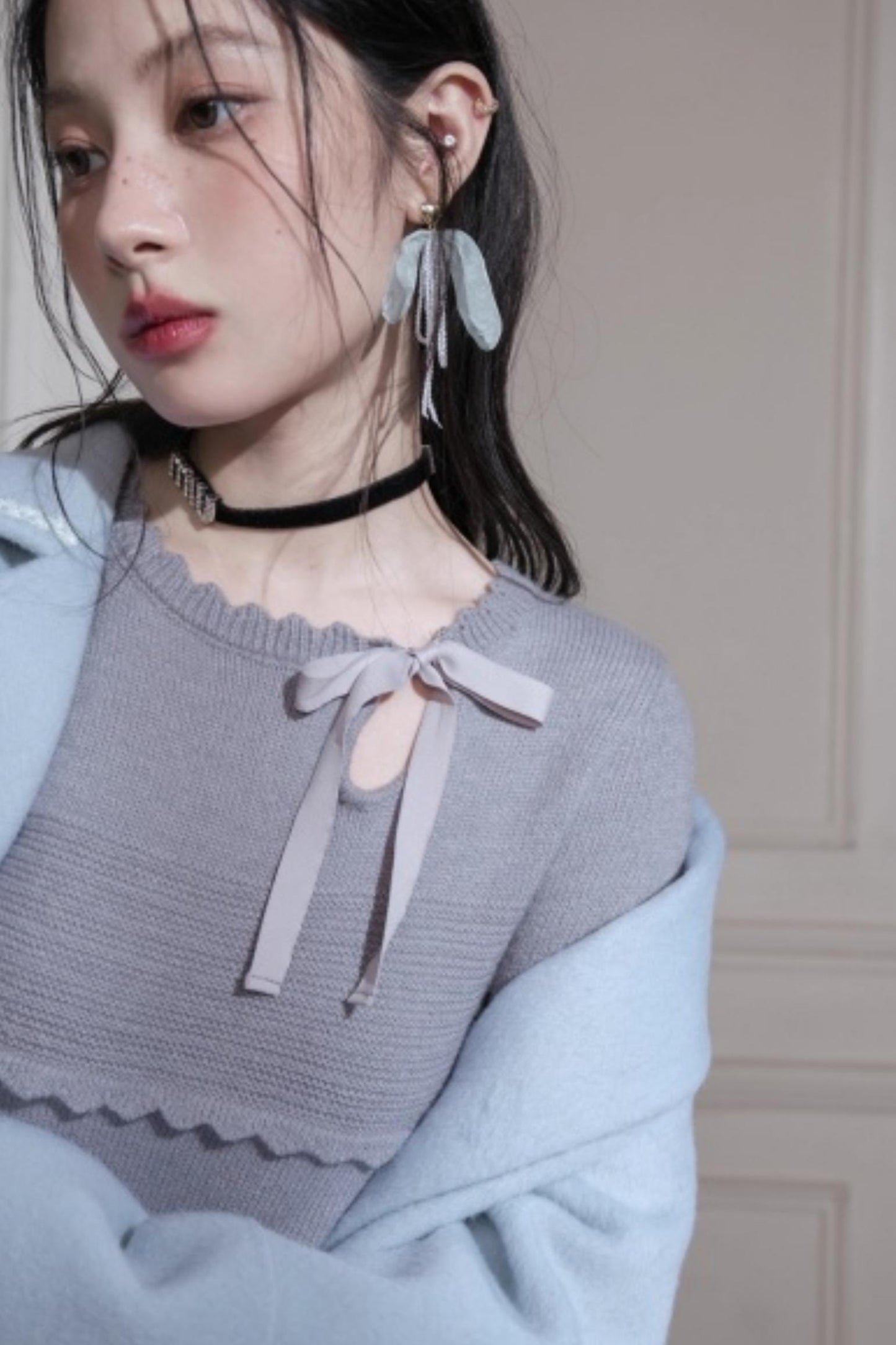 Cream Gray Lace Wool Dress