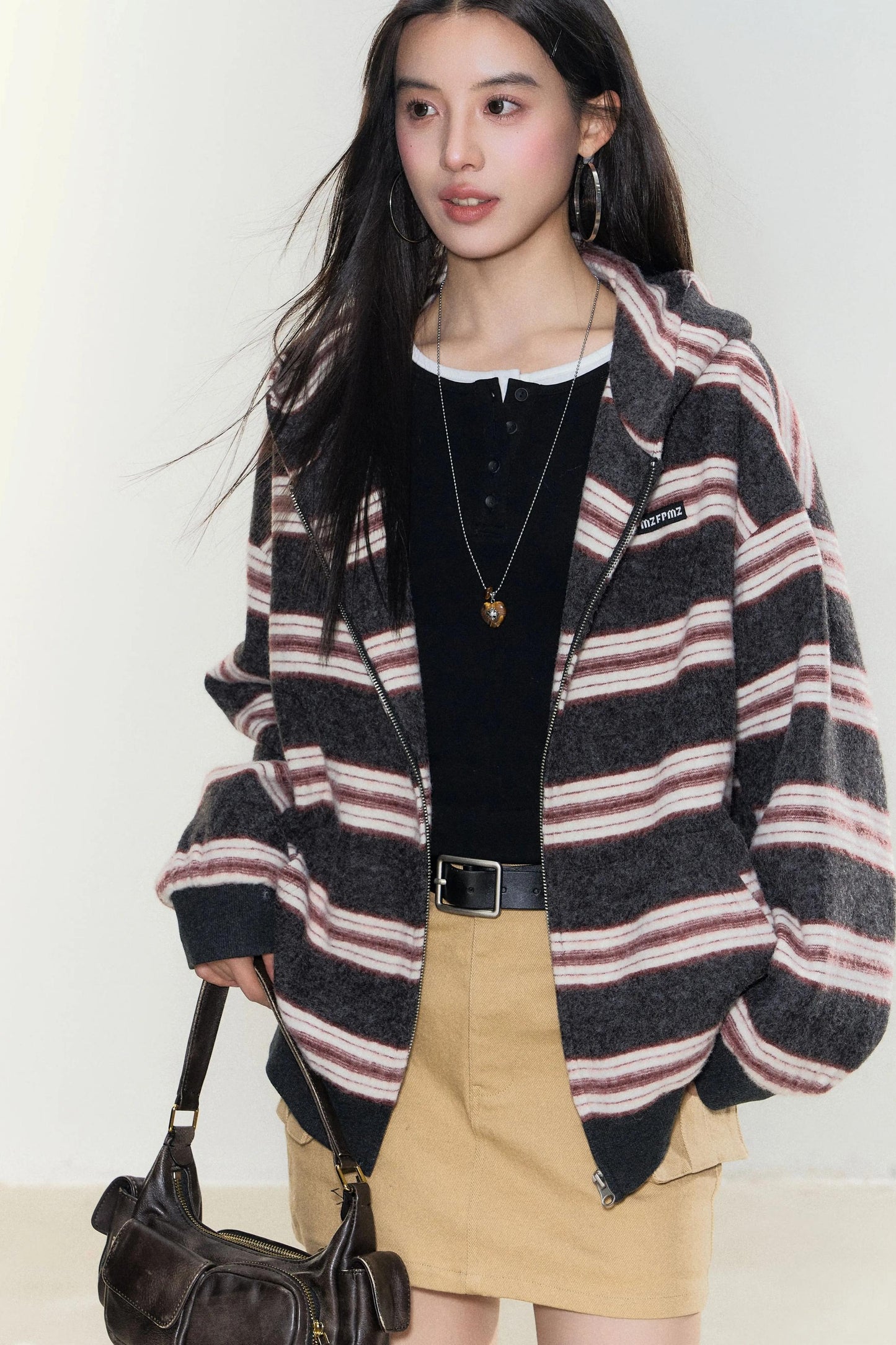 Gestreifte Kapuzen-Cardigan-Jacke