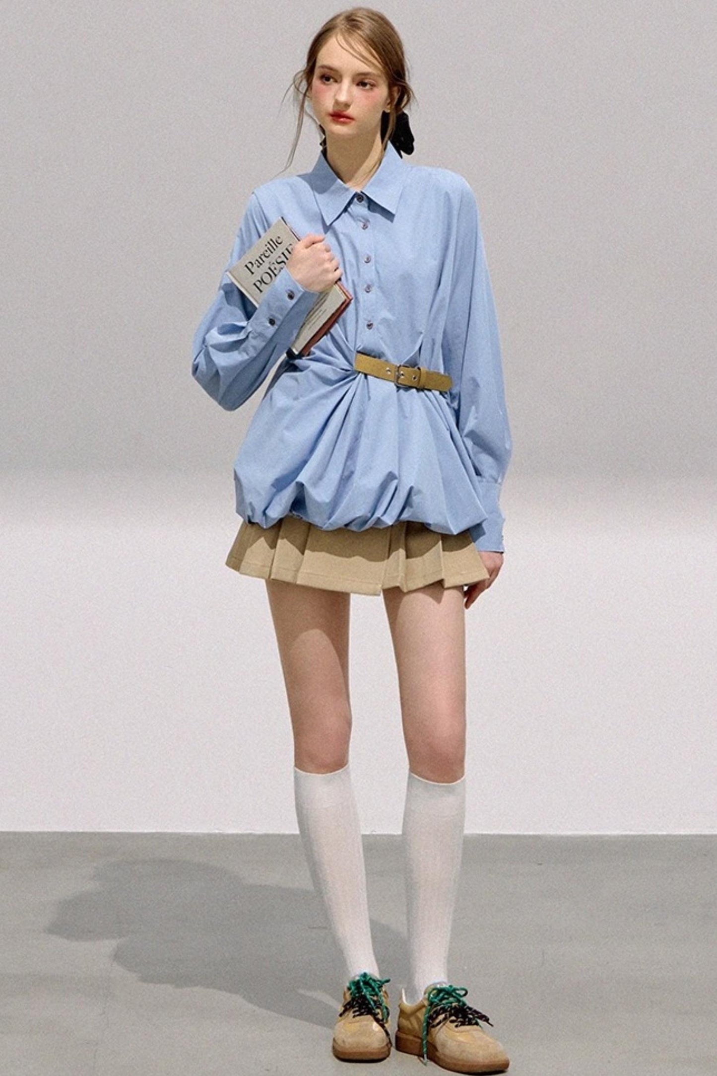 민트 불규칙 플리츠 스커트