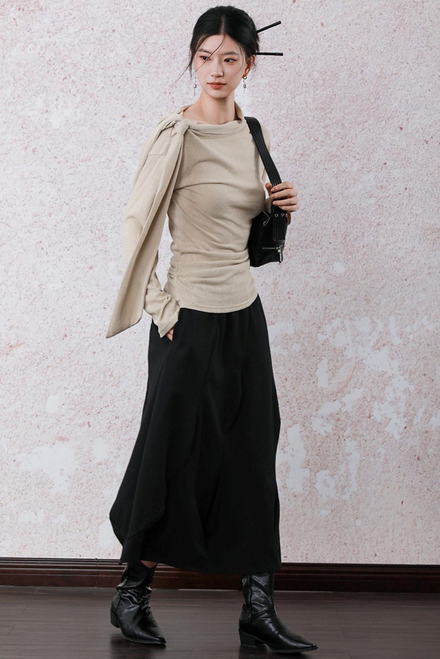 Milk Tea Long Sleeve One-Shoulder Top