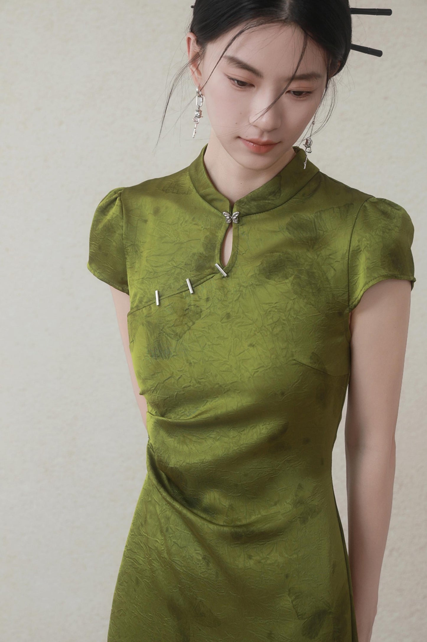 Summer Green Satin Cheongsam Dress