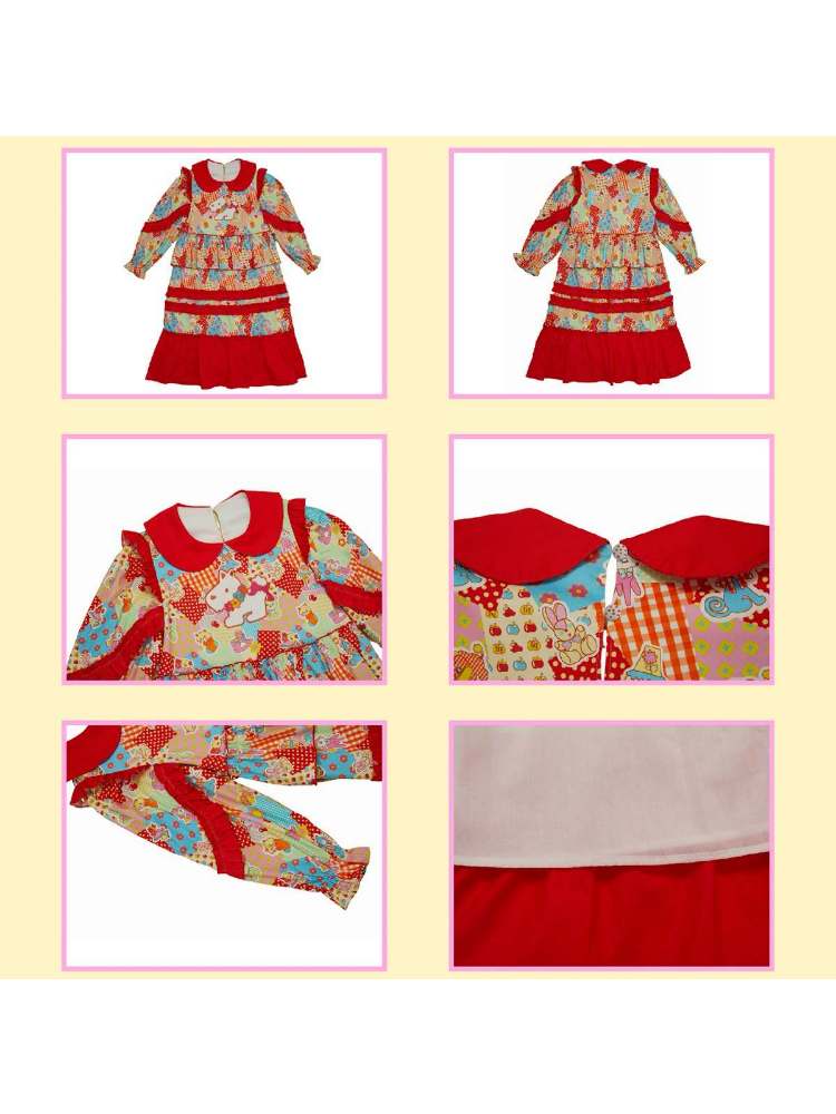 플래드 돌 칼라 프린트 만화 드레스