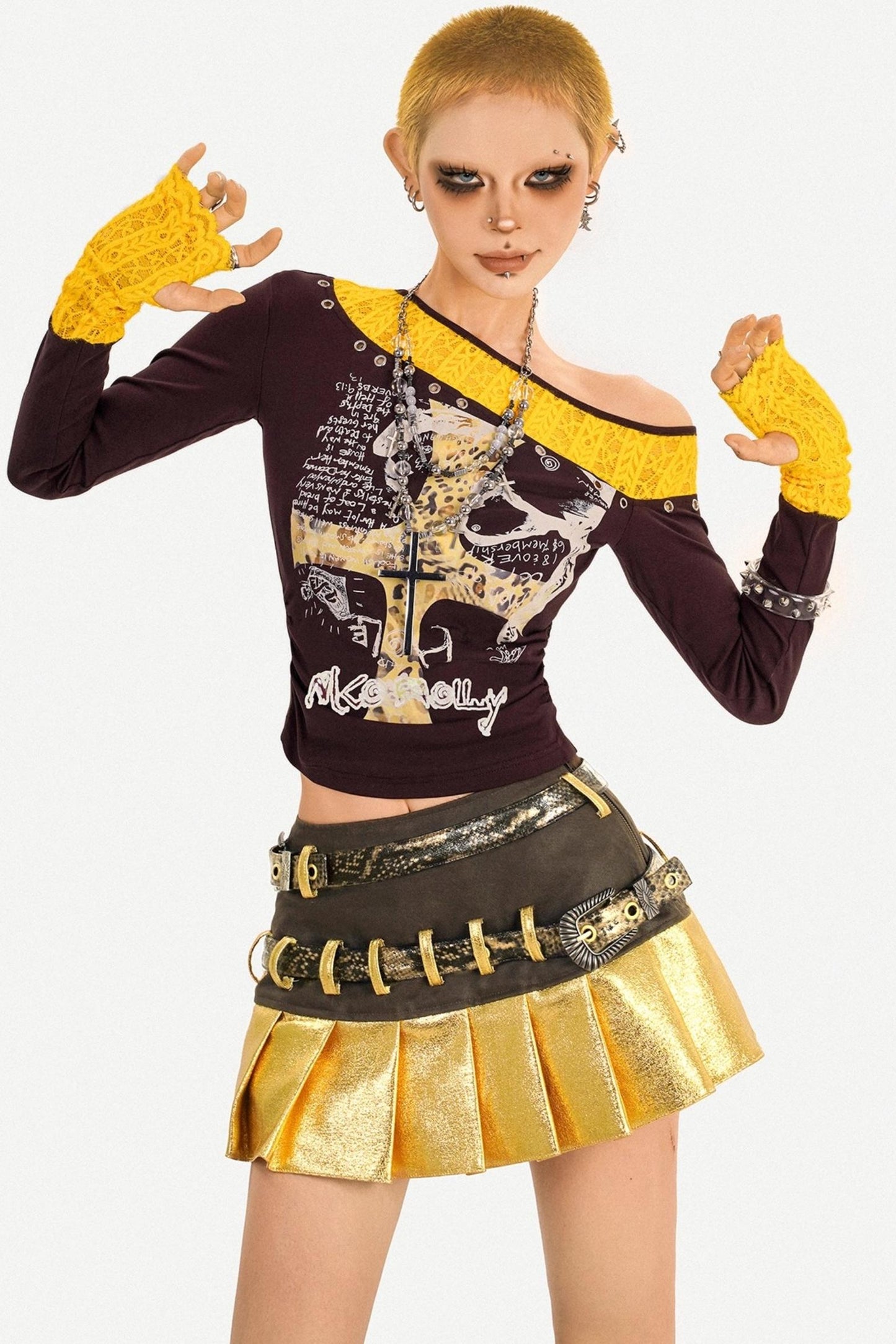 Gold Patchwork Pleated Skirt