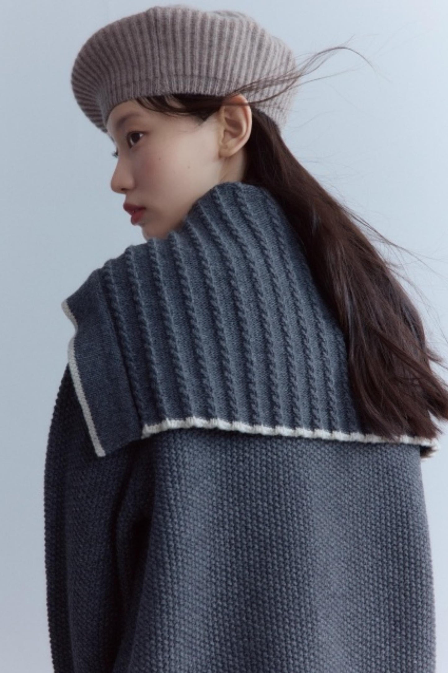 Navy Collar Twisted Rope Woolen Cardigan