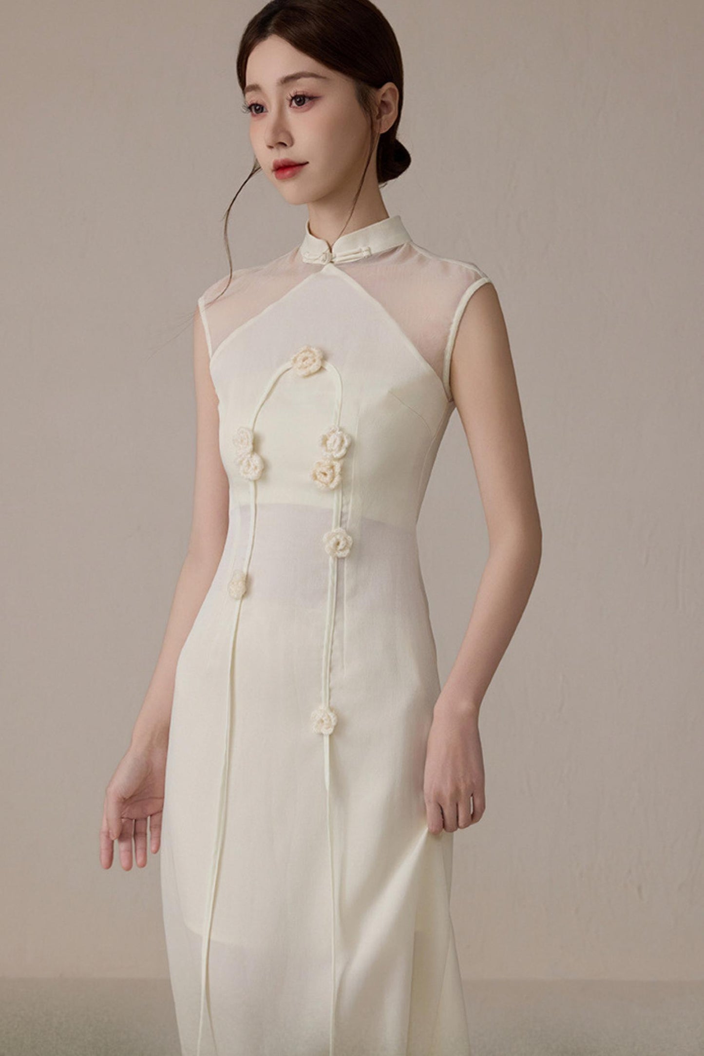 Elegant Beige Floral Cheongsam Dress
