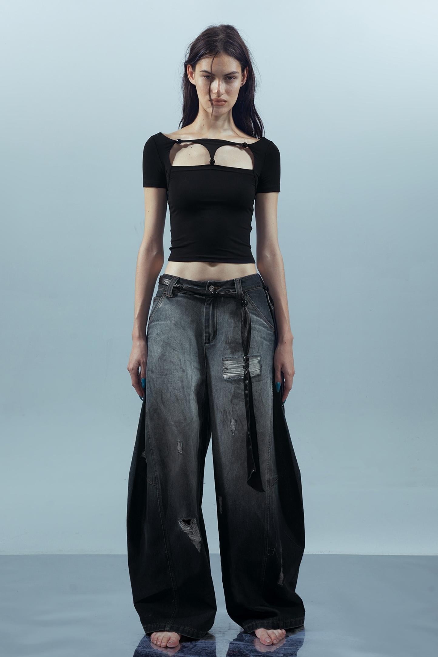 Beaded Mesh Crew Neck Tee