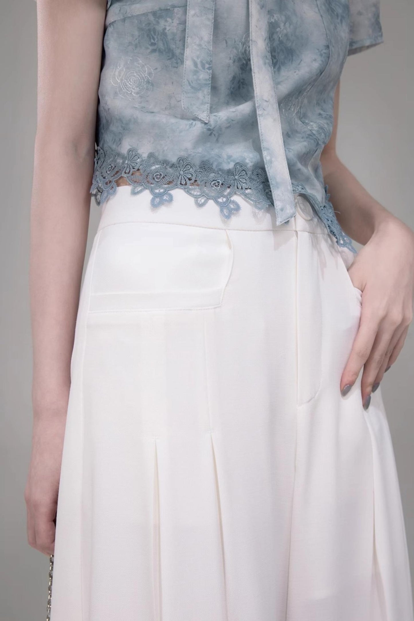 Blue Bow-Collar Shirt & Cutout Skirt Set