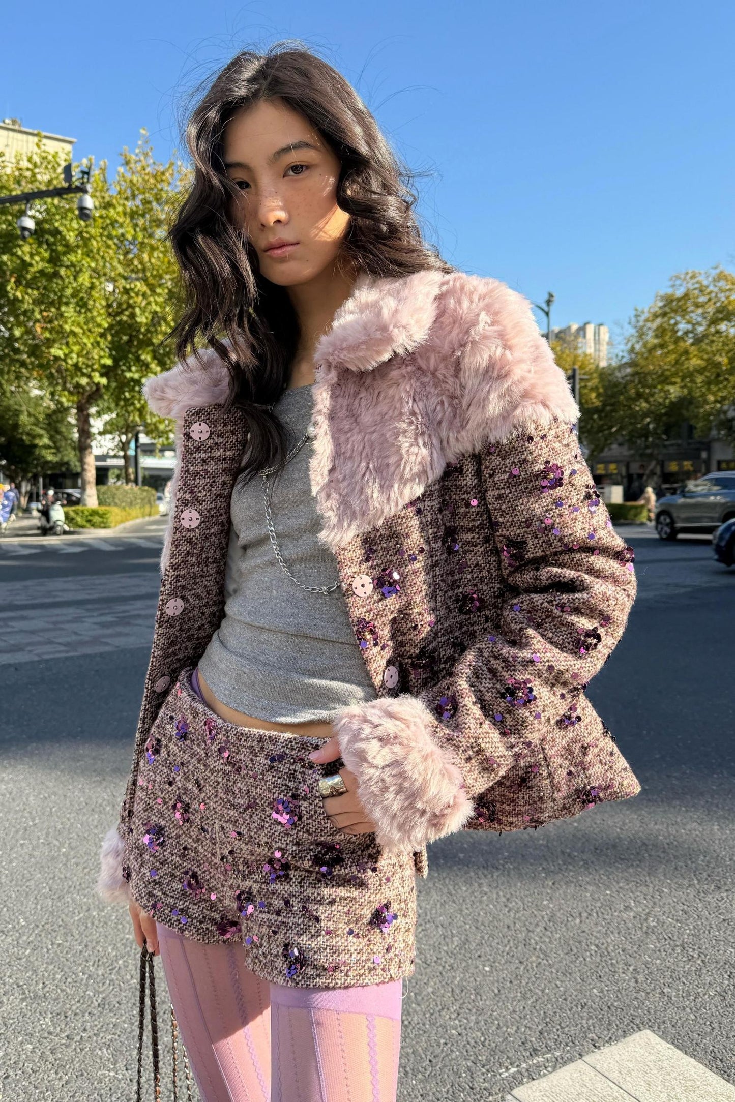 Retro Chic Purple Sequin Tweed Suit Set-Up