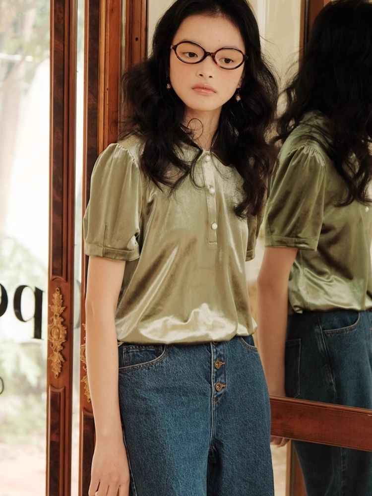 벨벳 피터팬 칼라 귀여운 짧은 탑