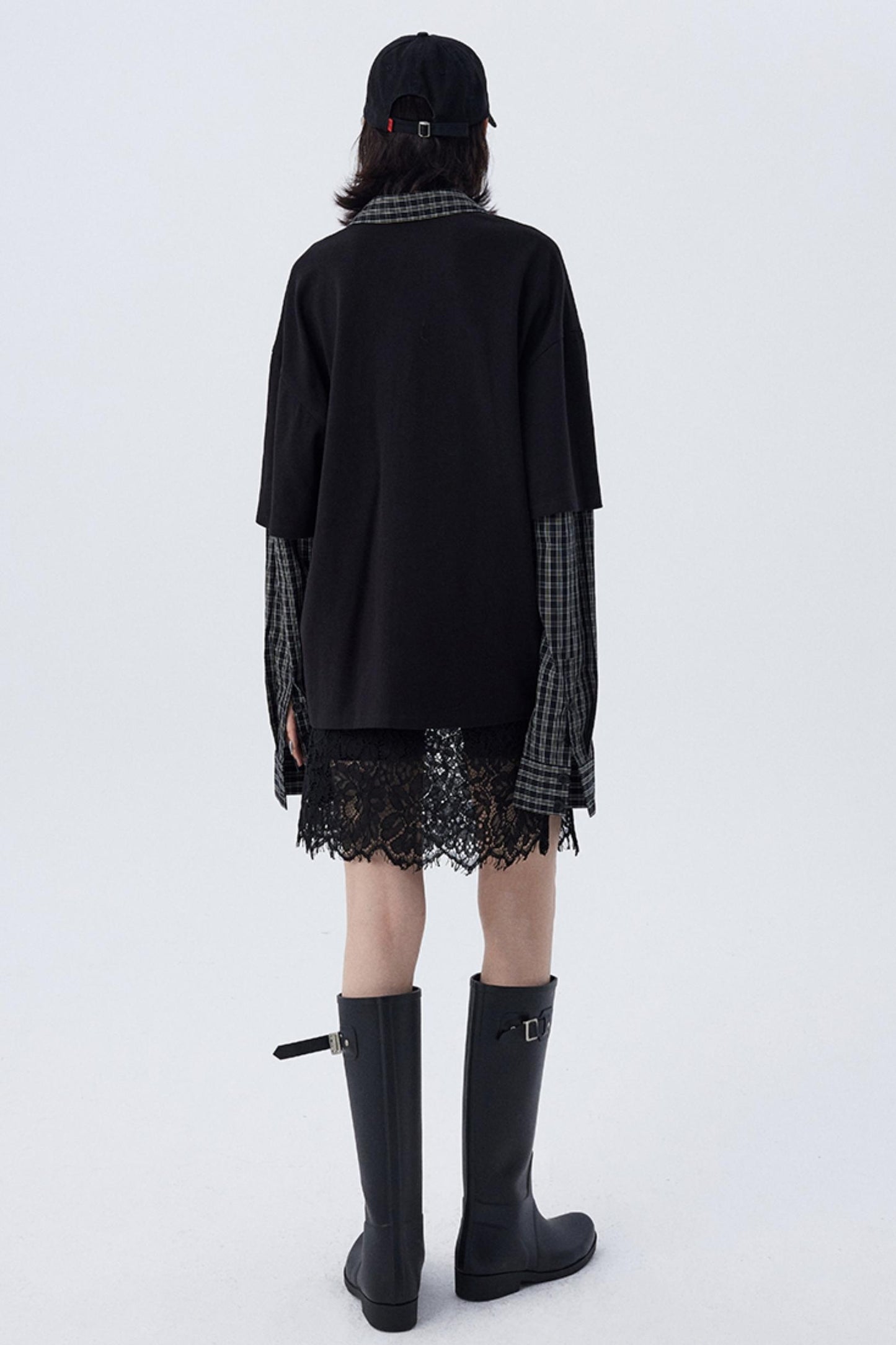 Checkered Polo Neck Long Sleeve Top