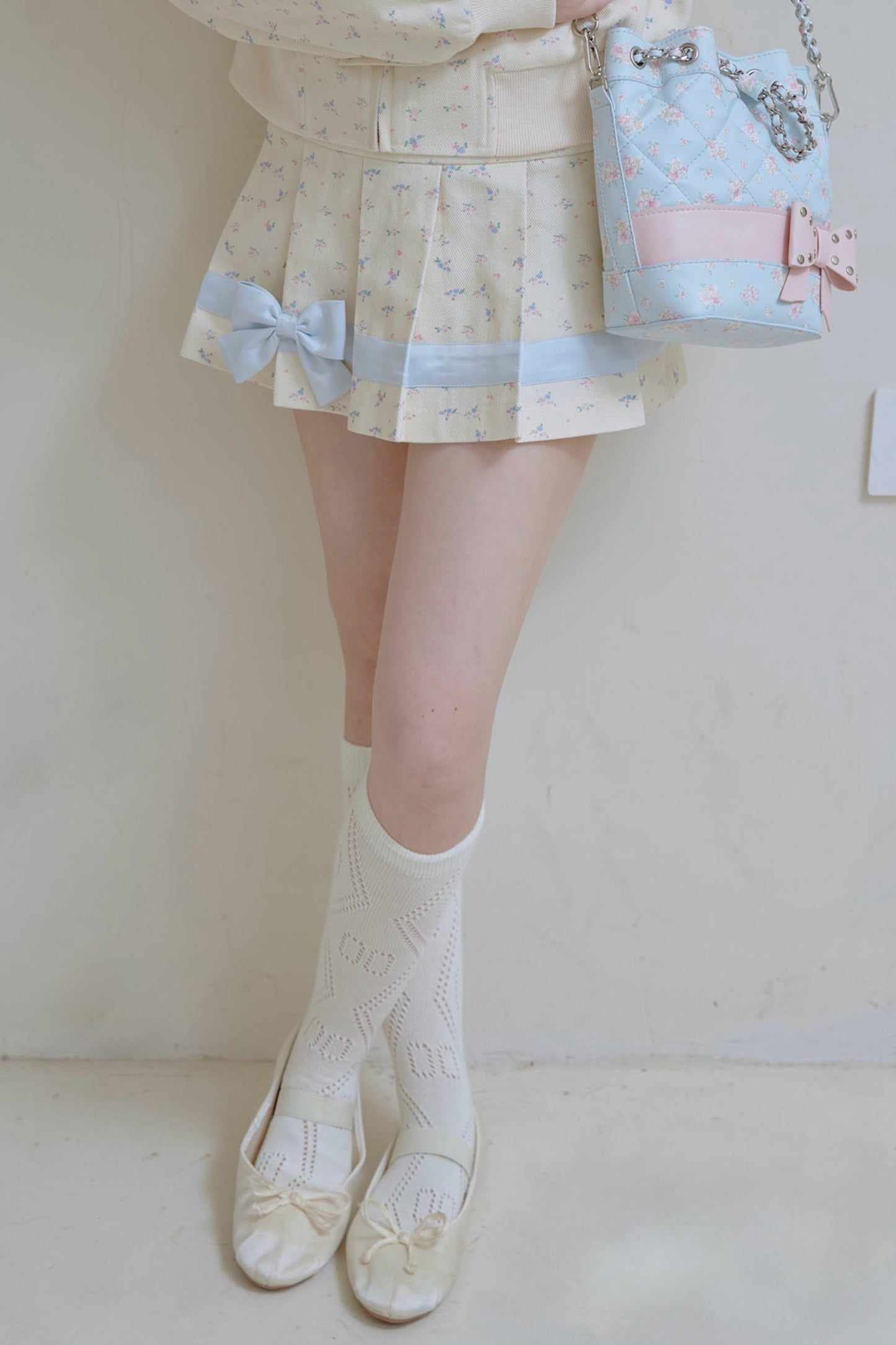 Beige Floral Blue Bow Jacket Set-Up