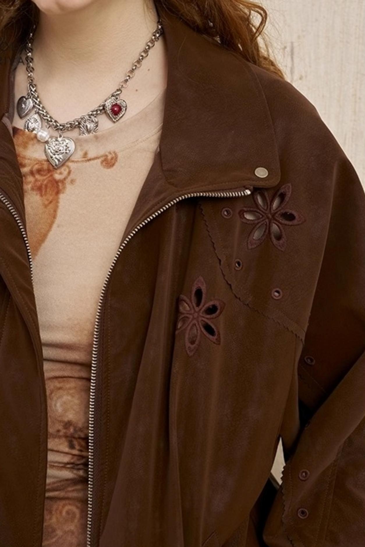 Embroidered Stand Leather Jacket