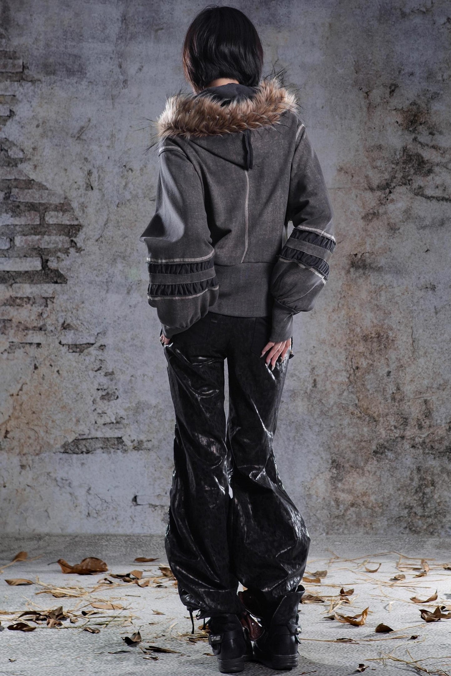 Vintage Lantern Sleeve Hooded Sweatshirt Jacket