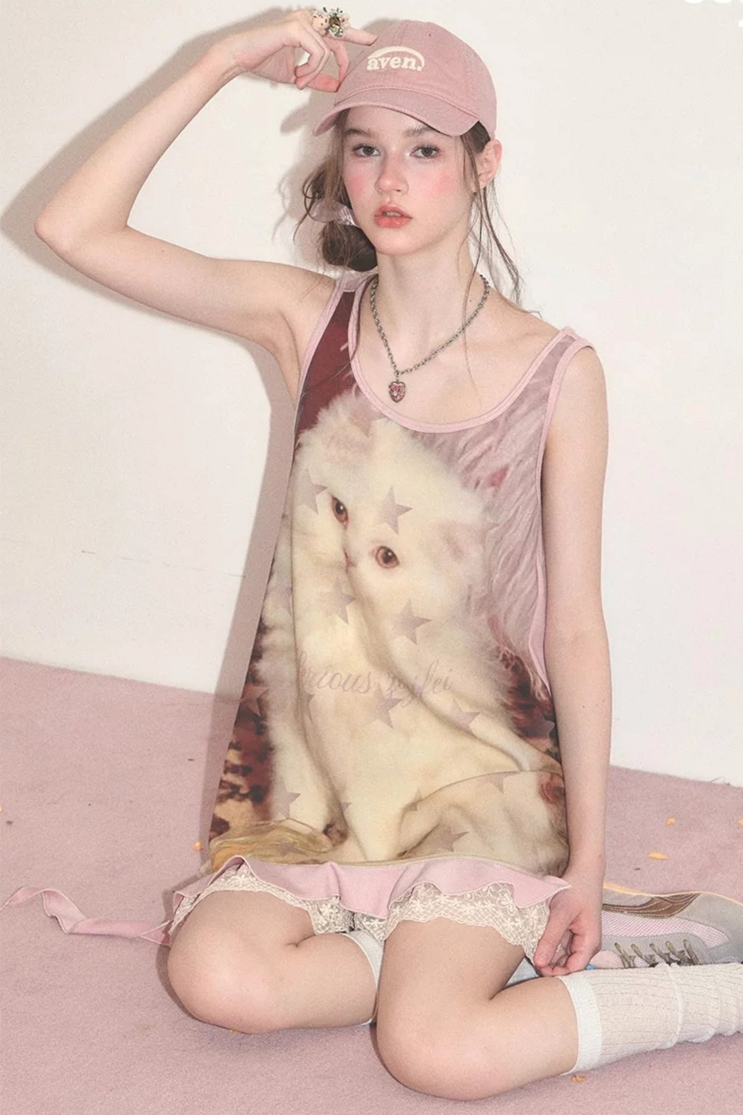 Pink Cat Print Lace Vest Dress