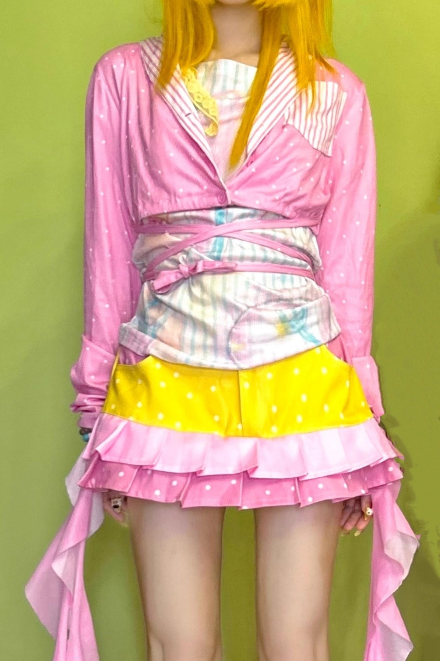 Pink Polka Dot Stripe Stitching Tie Short Jacket