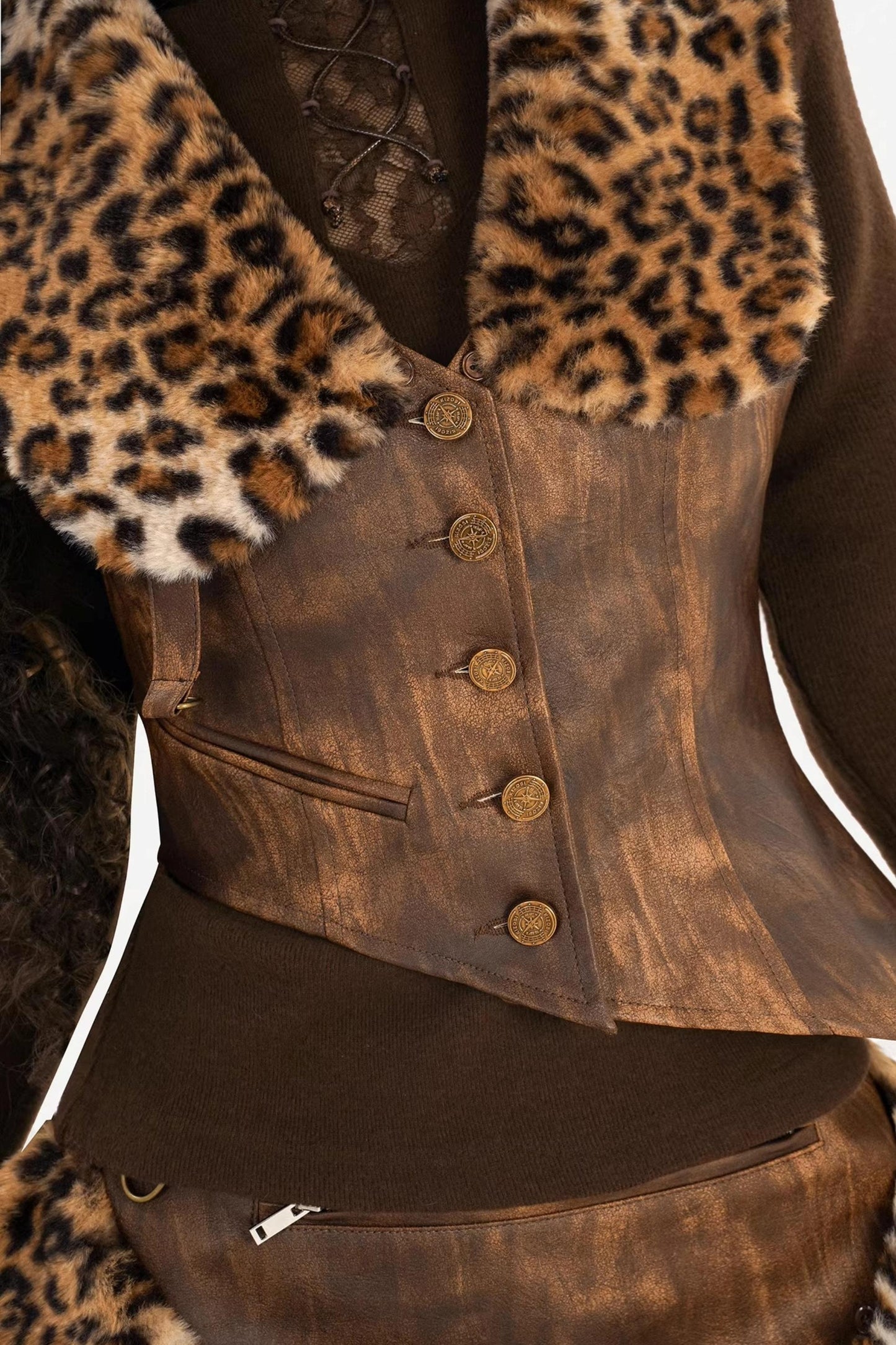 Leopard Print Patchwork Vest Jacket Set-Up