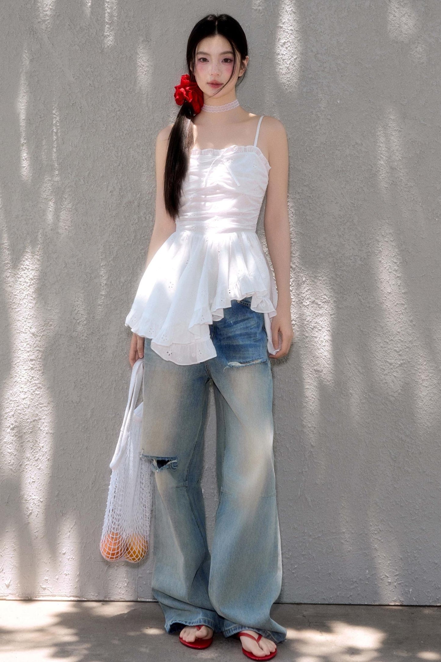 Hollow Lace Halter Top Jeans Set-Up