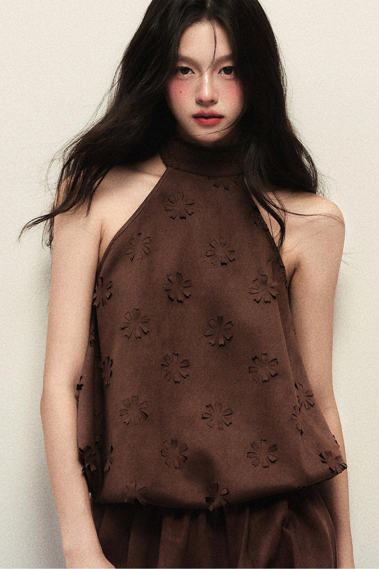 Reddish-Brown Suede Flower Halterneck Two-Piece Set-Up
