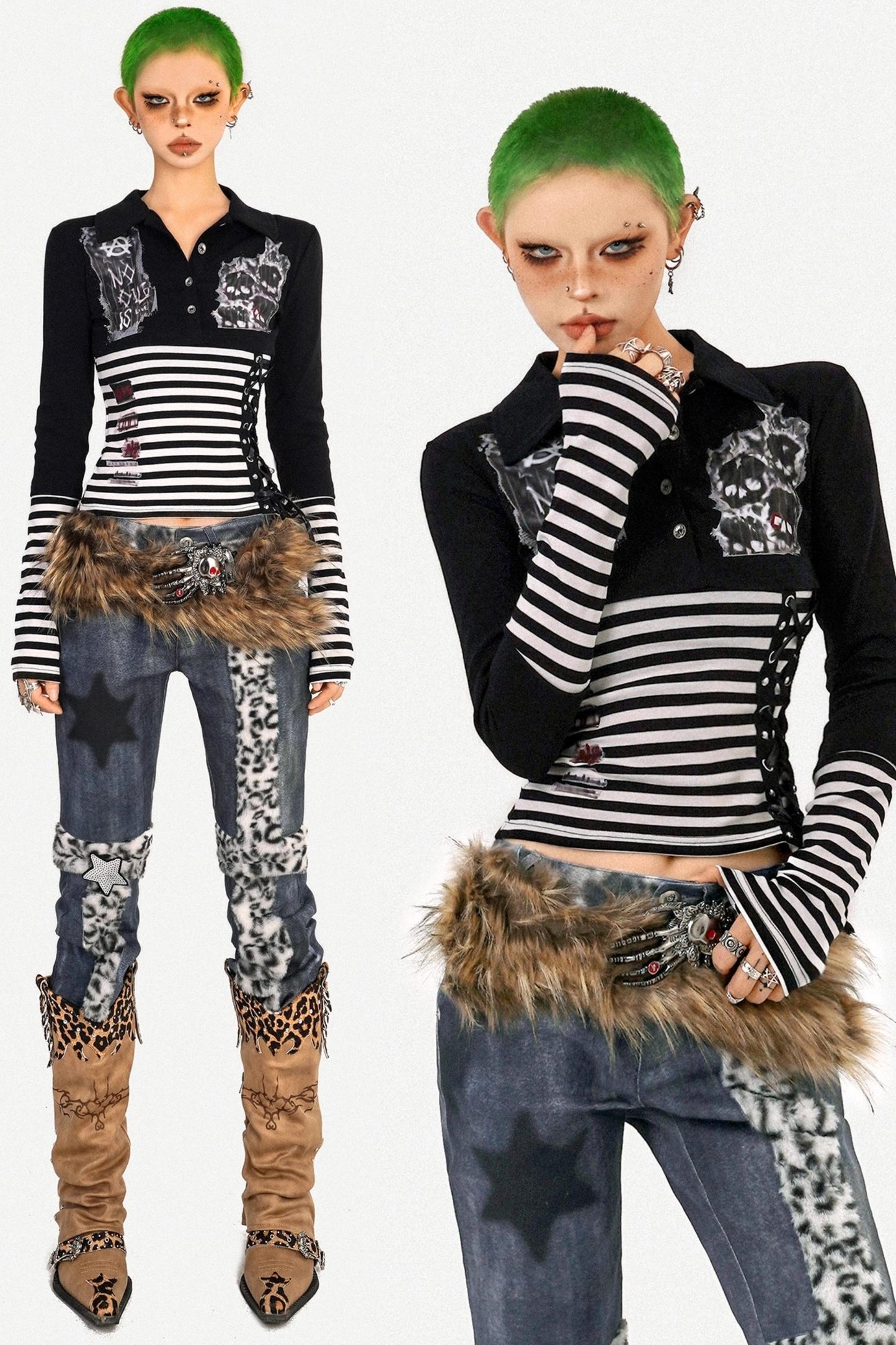 Light Punk Striped Patchwork Long Sleeve T-Shirt