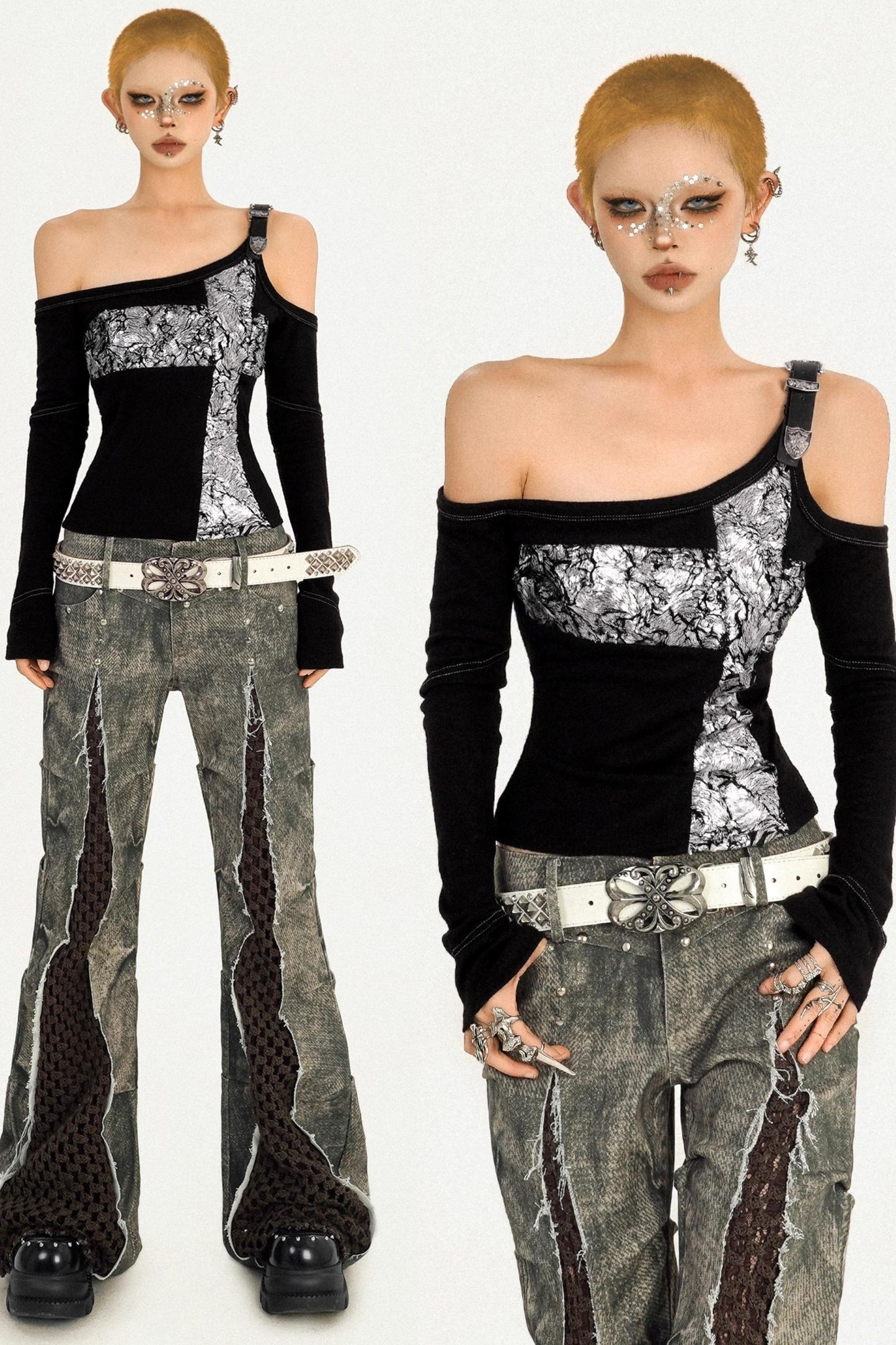 Black Flocked Sleeve Slim Top