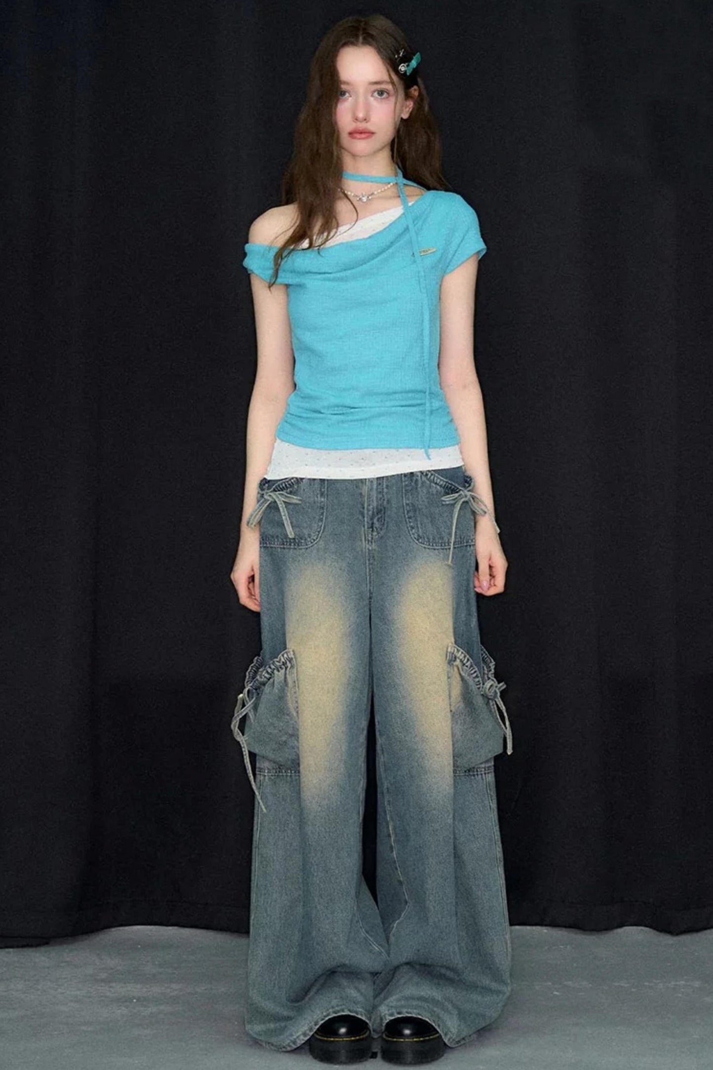 Blue Polka Dot Asymmetric Ruffle T-Shirt