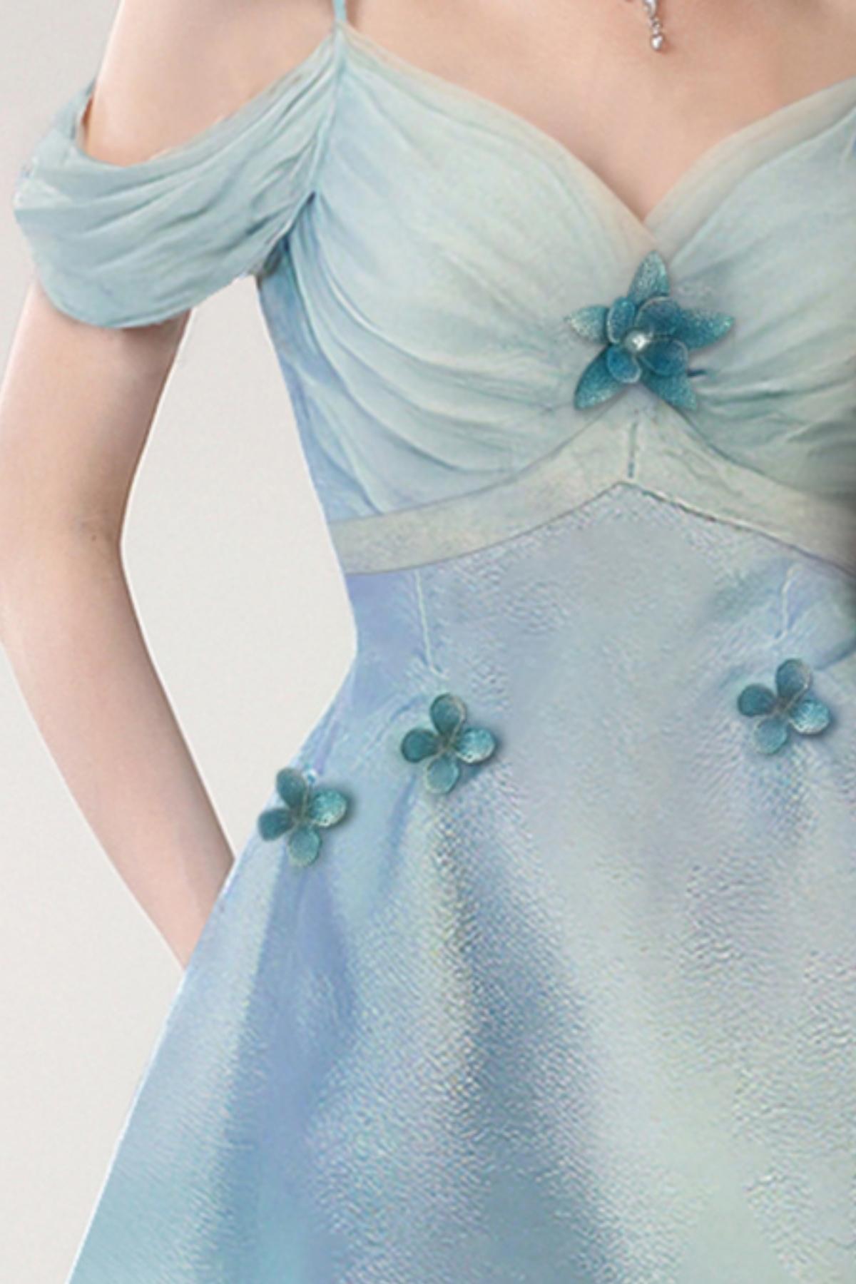 Blue Floral Satin Halter Dress