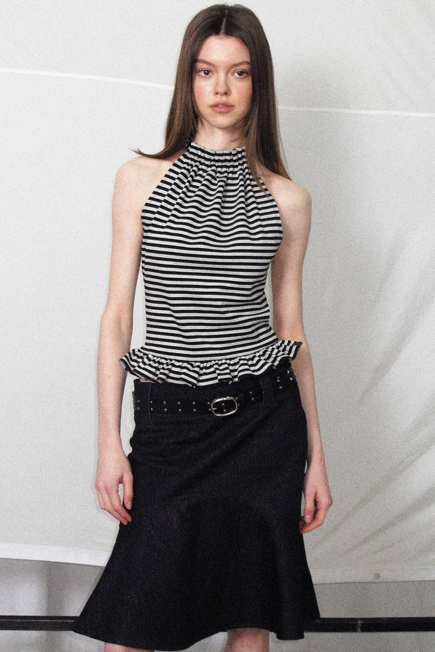 Ruffle Hem Halter Backless Top