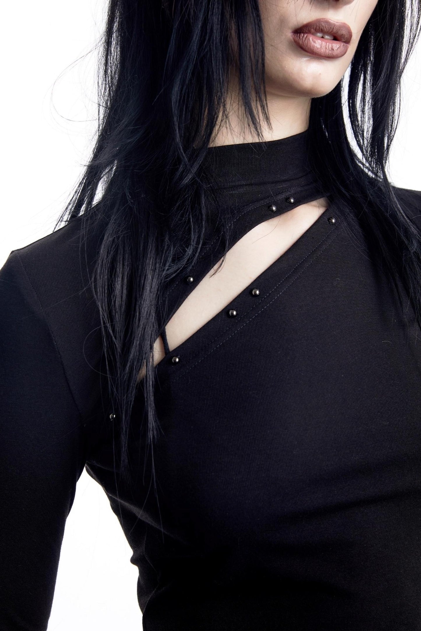 Openwork Rivet Ruffled Knit Top