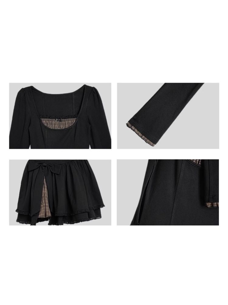 리본 스플라이싱 체크 긴팔 드레스