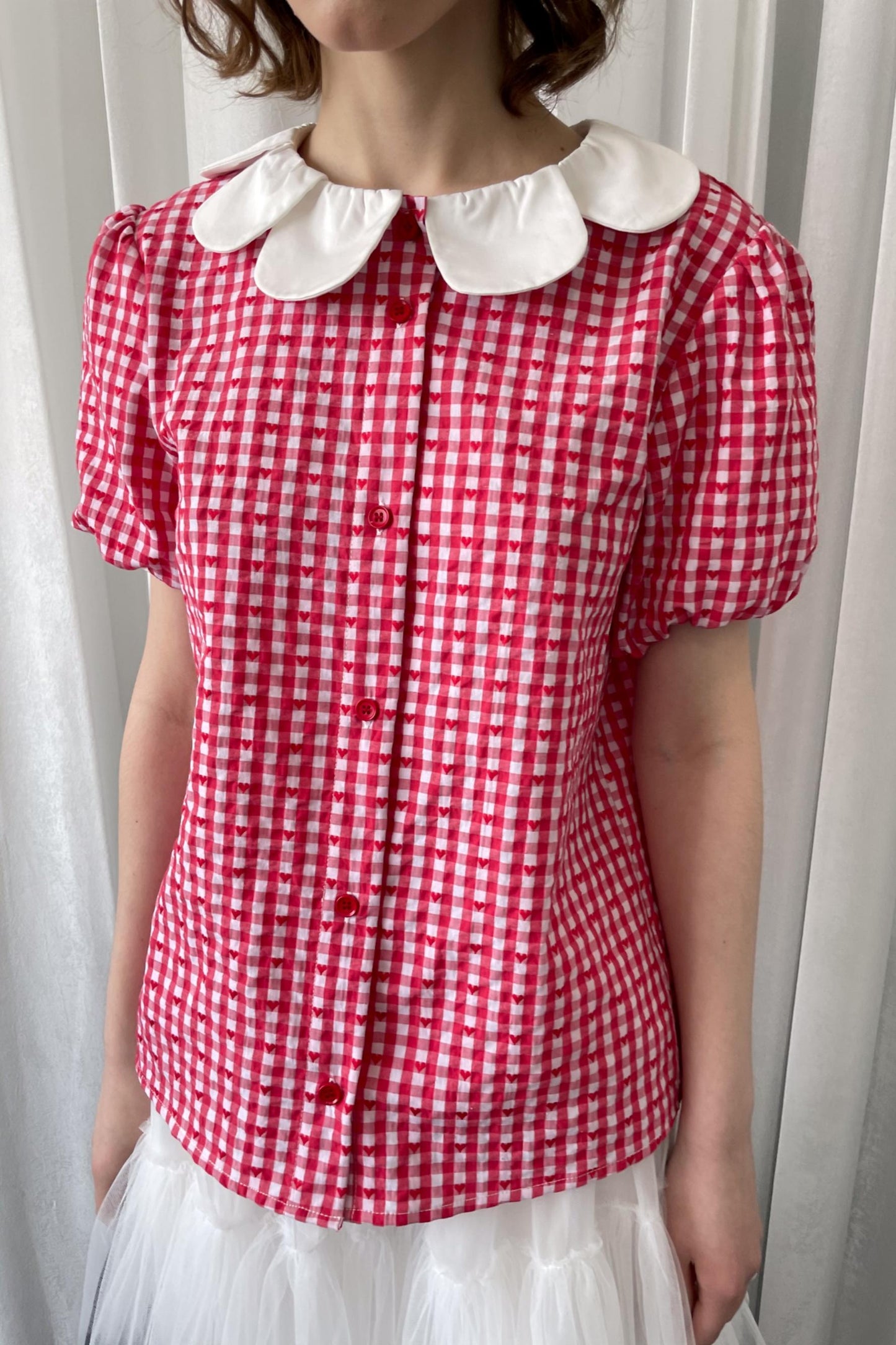 Red Plaid Lantern Sleeve Shirt