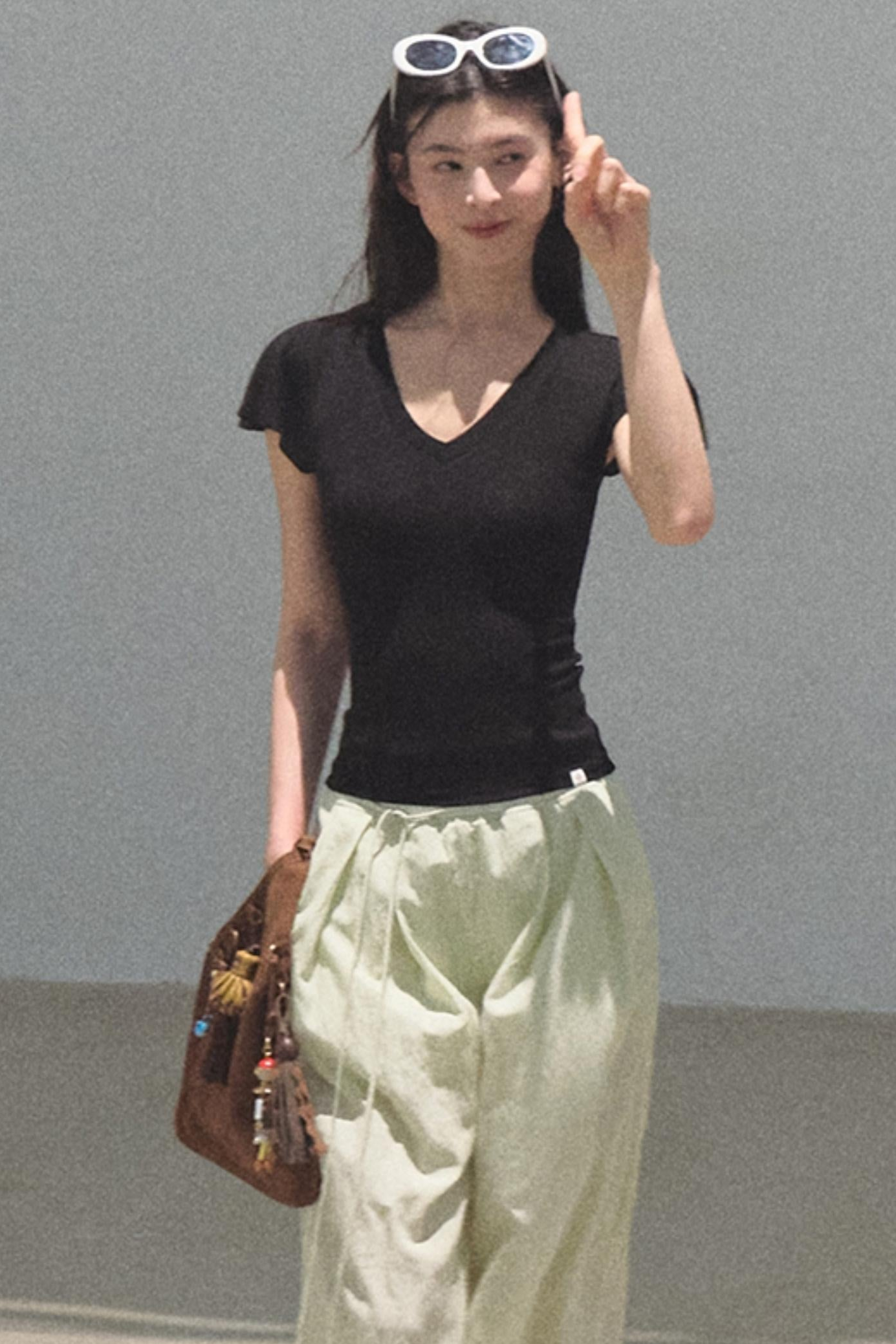 Green Apples Sleeve V-Neck Skinny Top