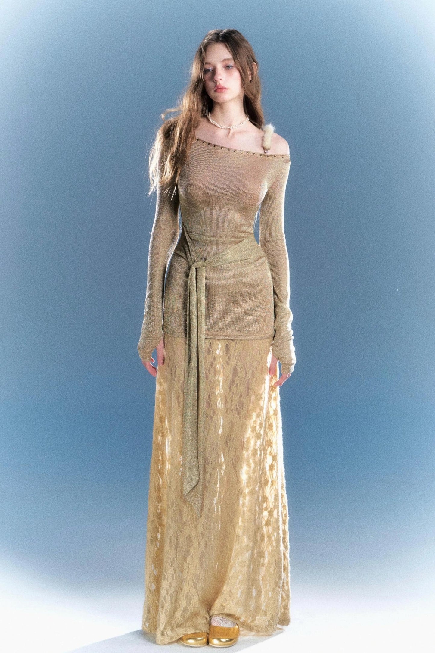 골드 레이스 토끼털 니트 드레스