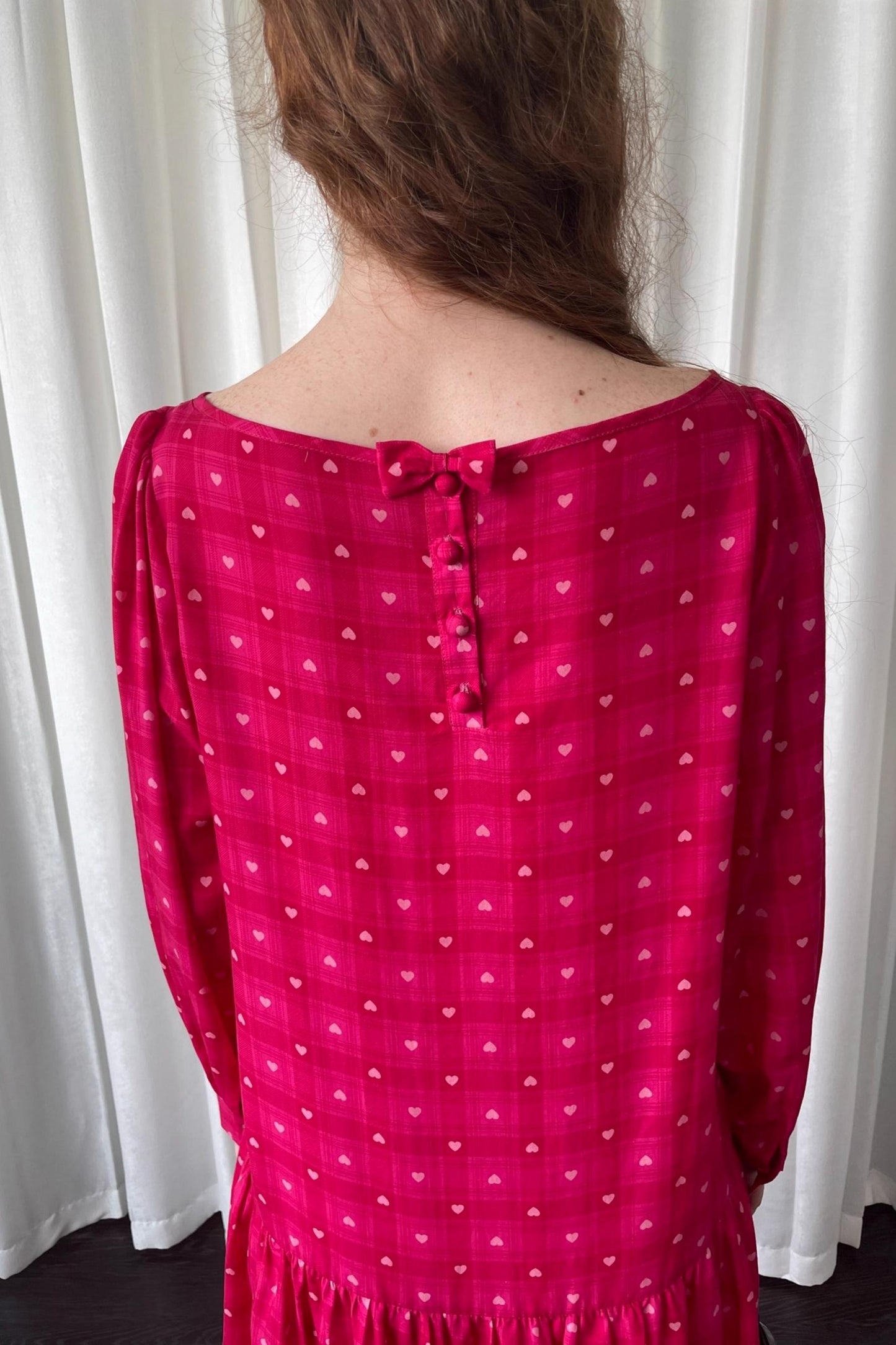 Smell Love Bow Rose Red Plaid Long Sleeve Dress