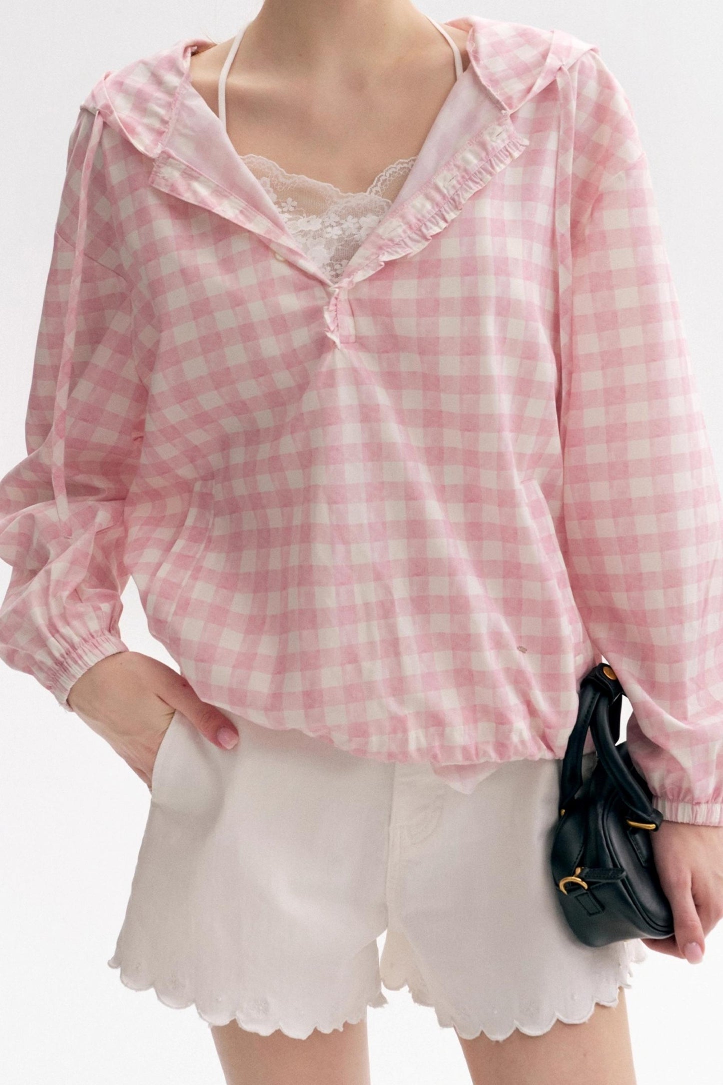 Cream Pink Plaid Lace Hooded Pullover Top