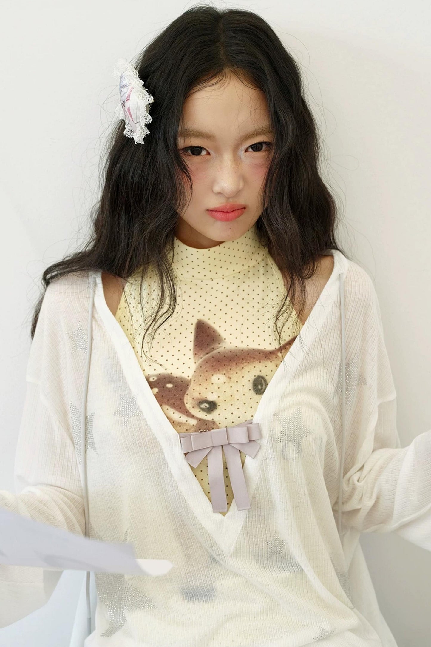 Rhinestone Bowknot Mesh Top