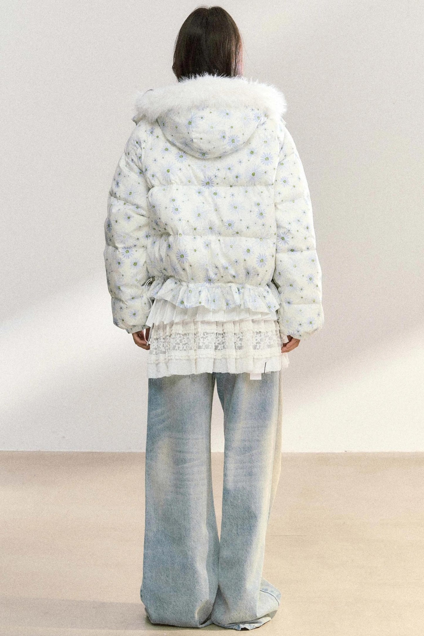 Fur Collar Daisy Print Jacket