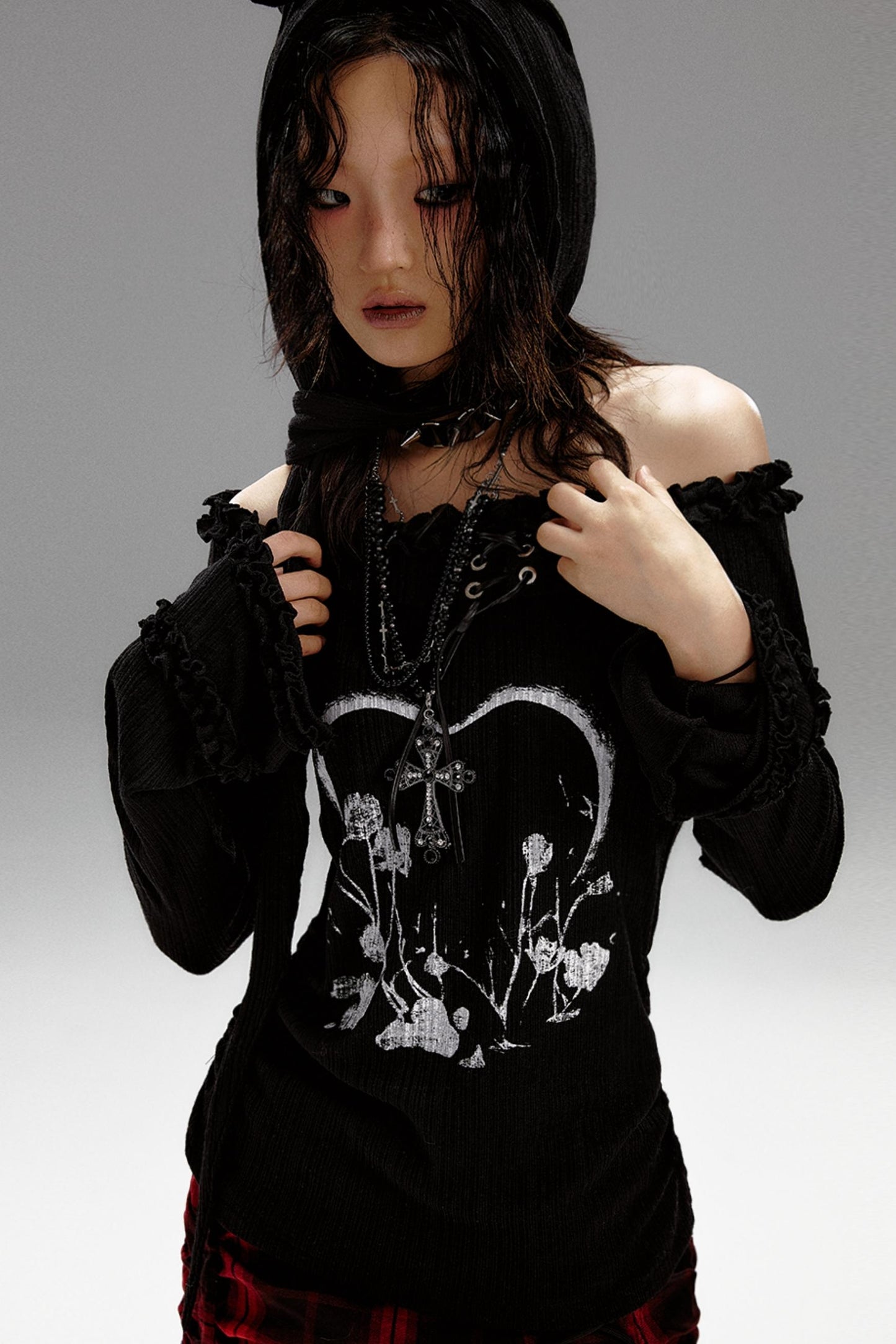 Retro Slim Print Hooded Knit Top