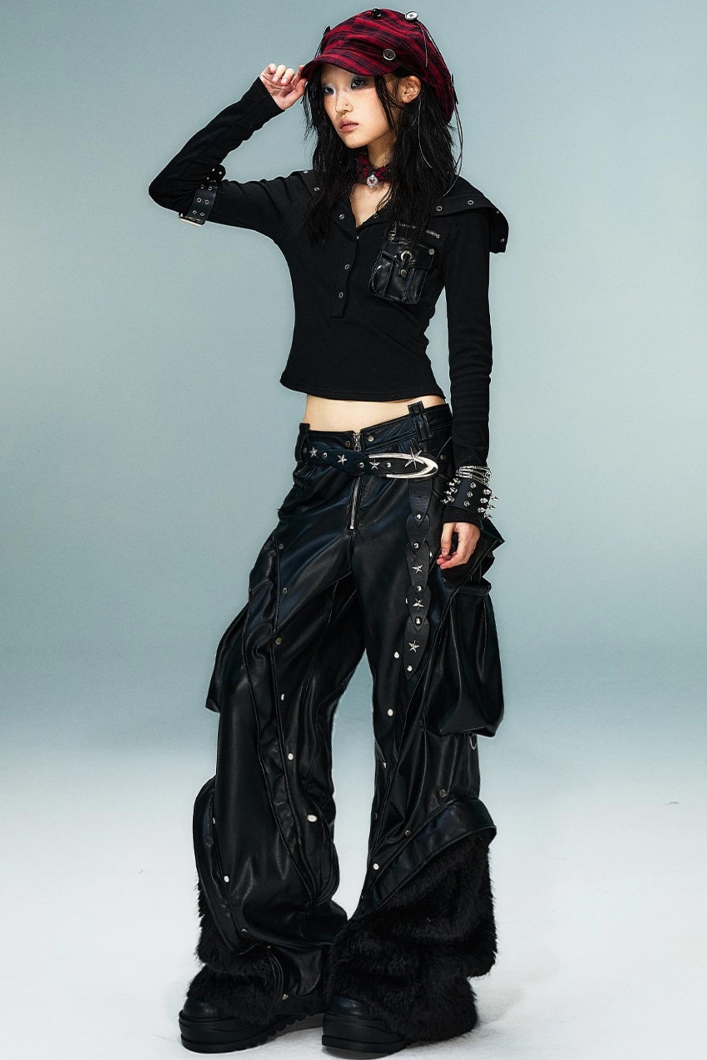 Autumn Punk Wide-Leg Leather Pants